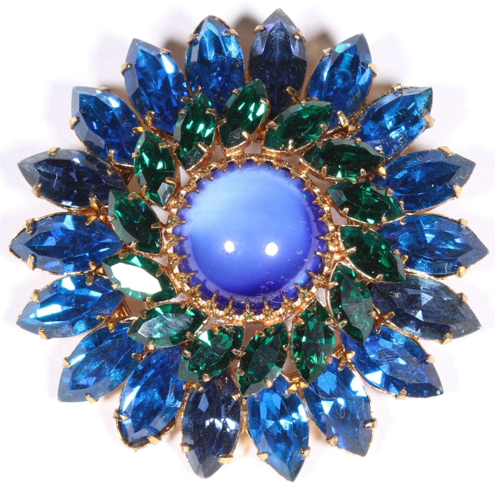 Unsigned Schreiner layered flower brooch with moonstone cabochon center stone surrounded by green (1 of 6)