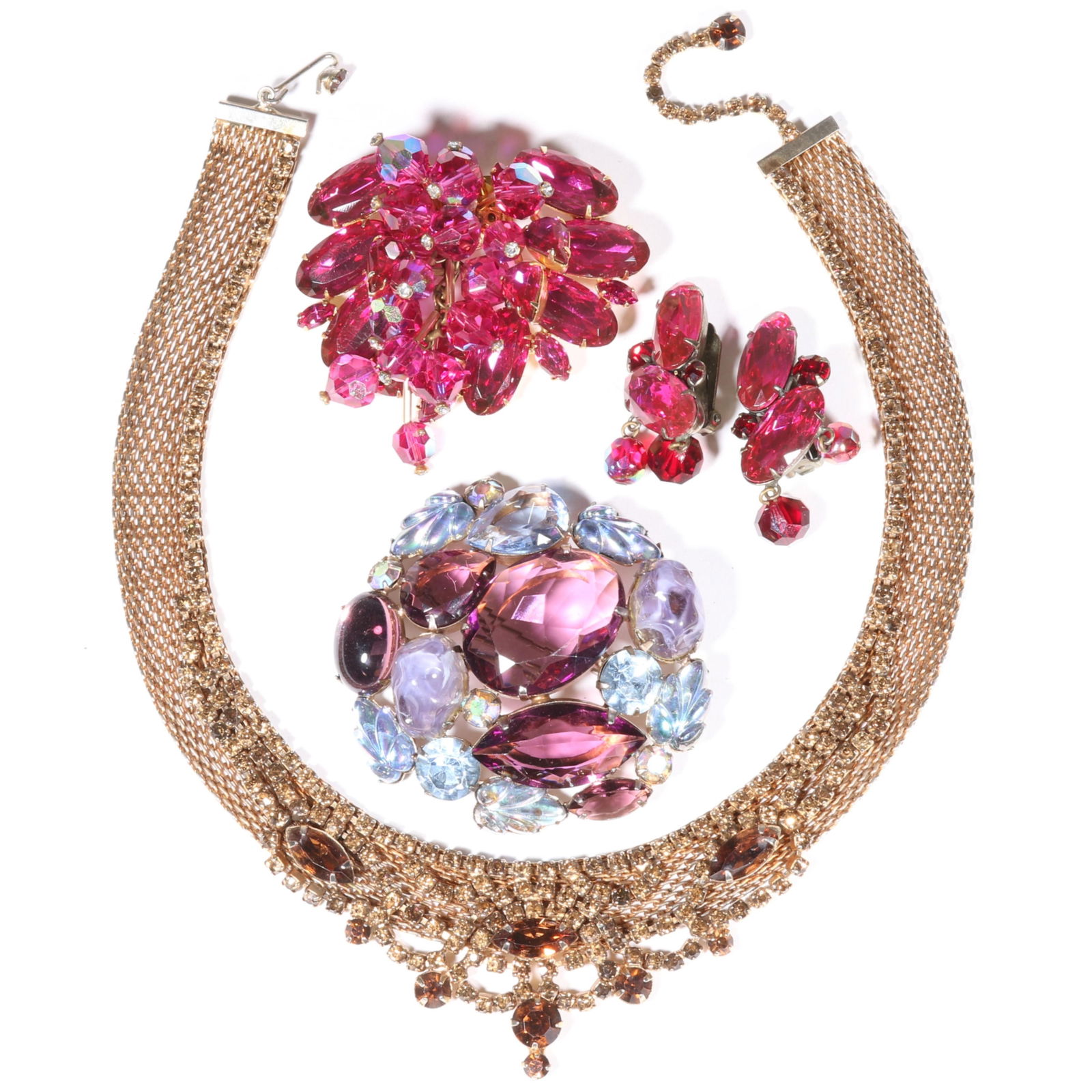 Vintage Hattie Carnegie 4pc jewelry group including mesh necklace with chocolate amber jewels, art (1 of 11)