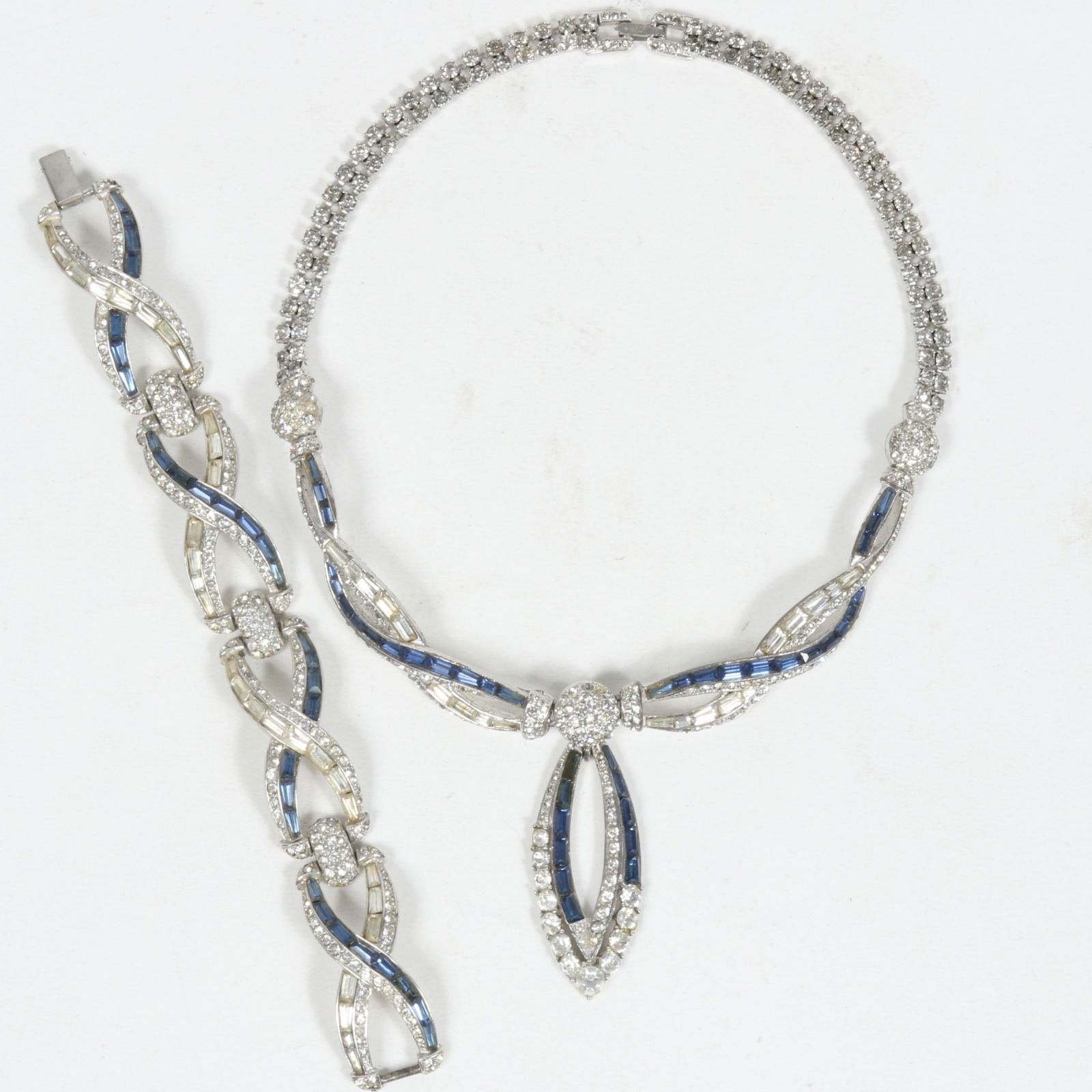 Marcel Boucher Retro / Art Deco silver necklace and matching bracelet with blue and clear rhinestone (1 of 8)