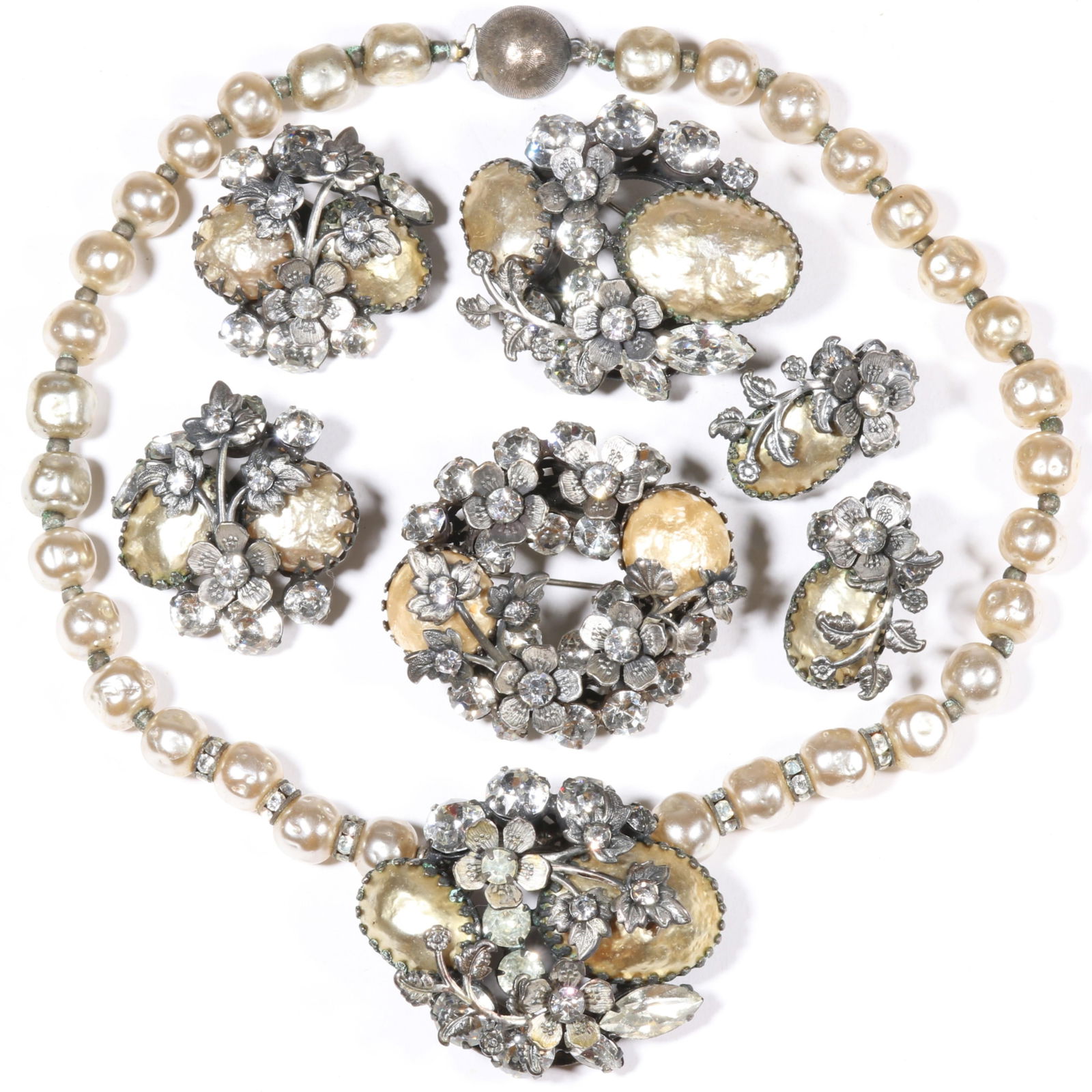 Vintage Regency parure with Haskell style baroque pearl and ornate floral crystal matching set of (1 of 10)