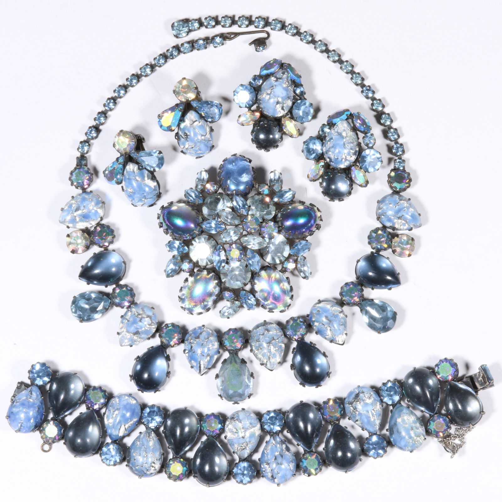 Vintage Regency parure with sparkling glacial art glass and blue jelly cabochon matching set of (1 of 8)