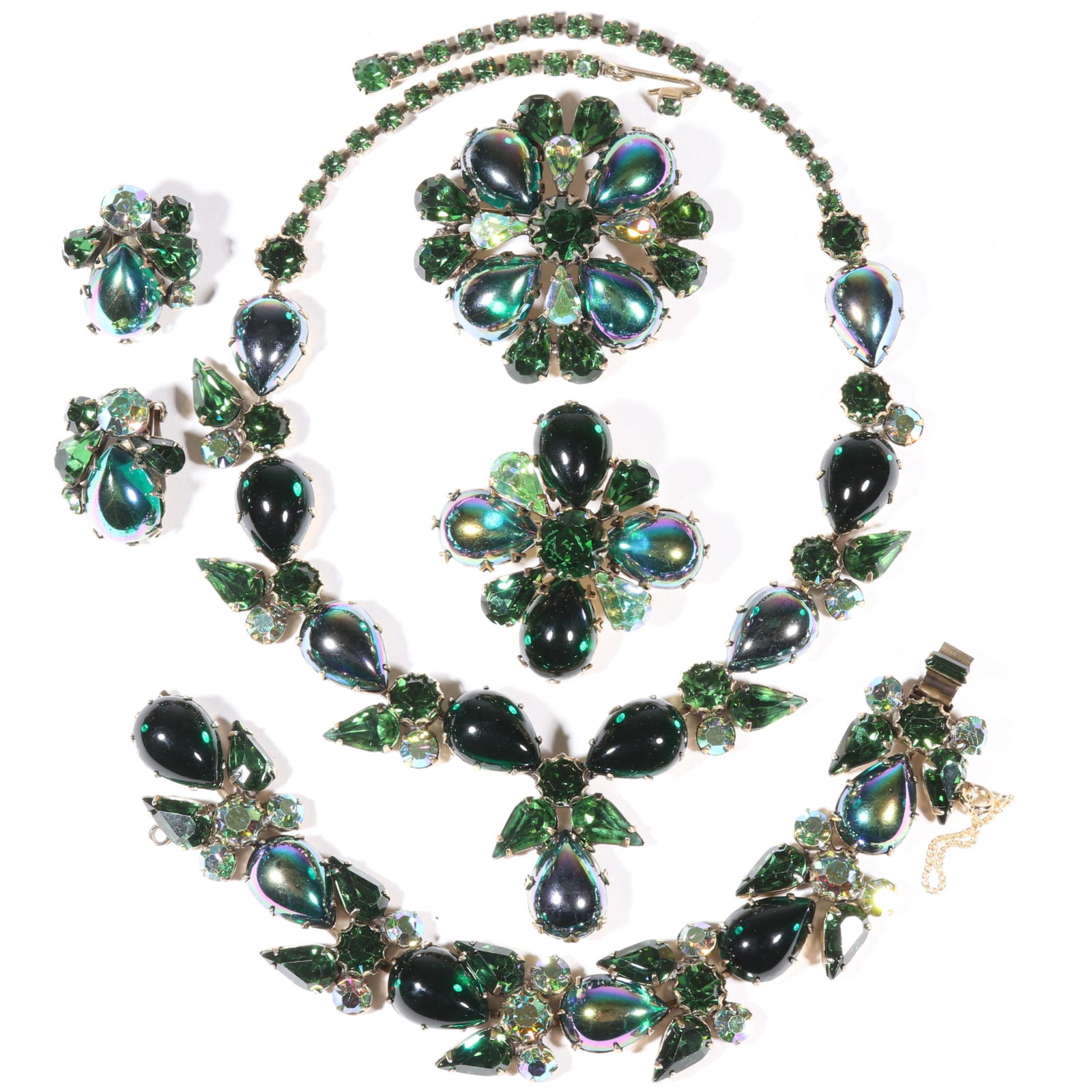 Vintage Regency green jelly cabochons and iridescent aurora borealis crystal matching set of (1 of 11)