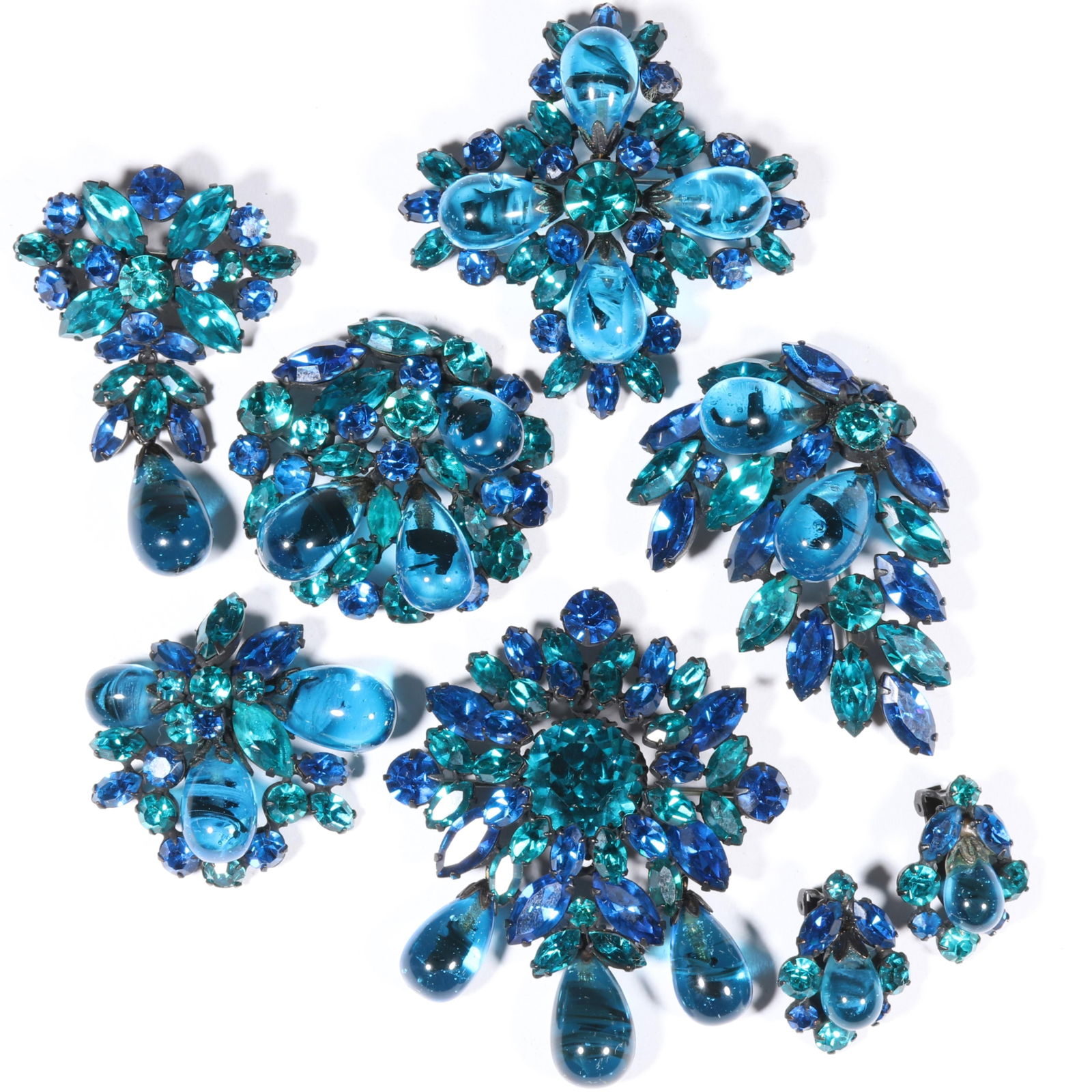 Vintage Regency cobalt and teal art glass drop matching jewelry group of two art glass drop (1 of 10)