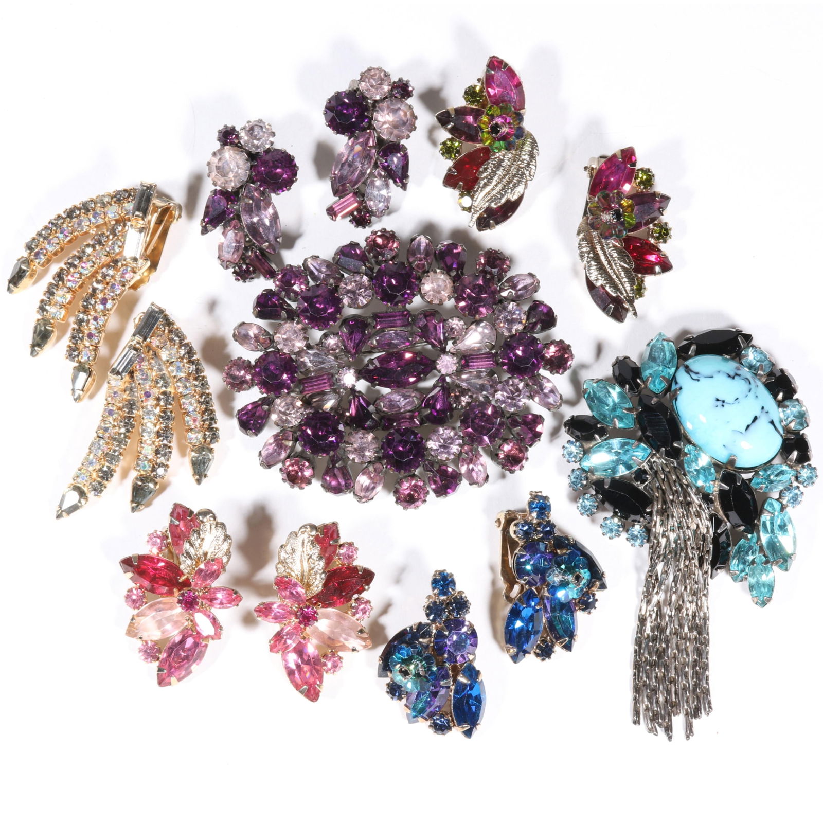 Vintage Alice Caviness 7pc jewelry group with robin's egg blue art glass dangle brooch, crystal (1 of 15)