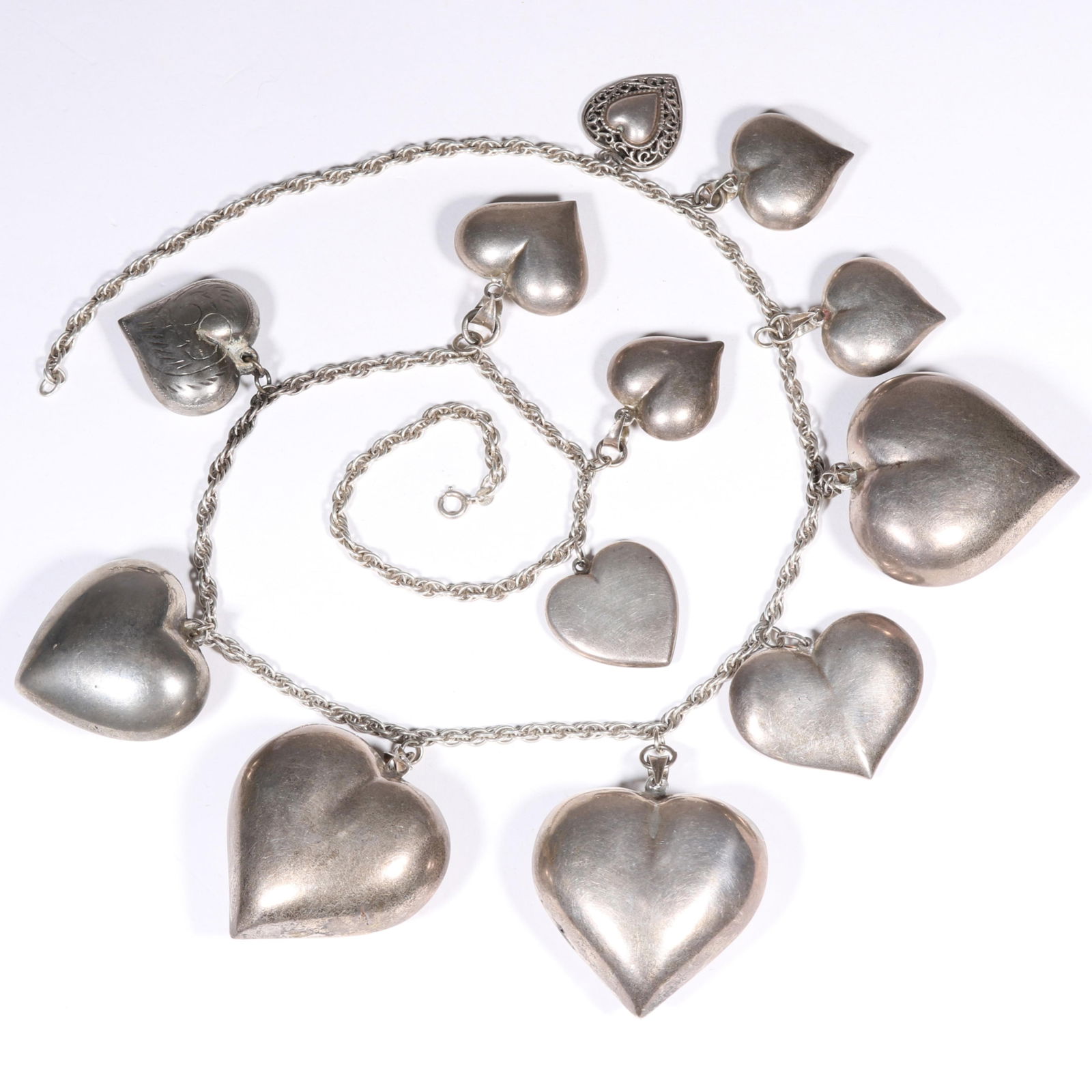 HUGE Vintage sterling silver heart charm necklace with large sterling silver charms 30"L x 3 (1 of 12)