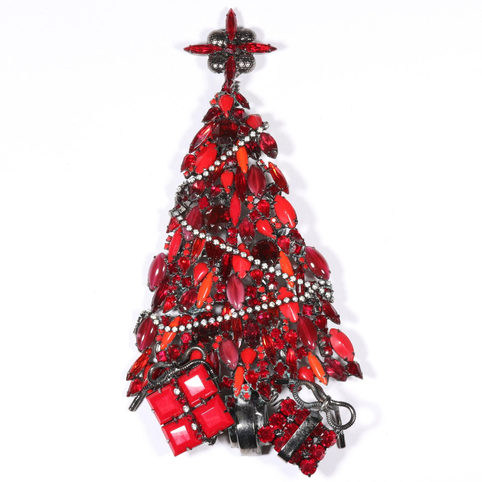 David Mandel The Show Must Go On! HUGE jeweled Christmas tree pin brooch with red rhinestone (1 of 7)