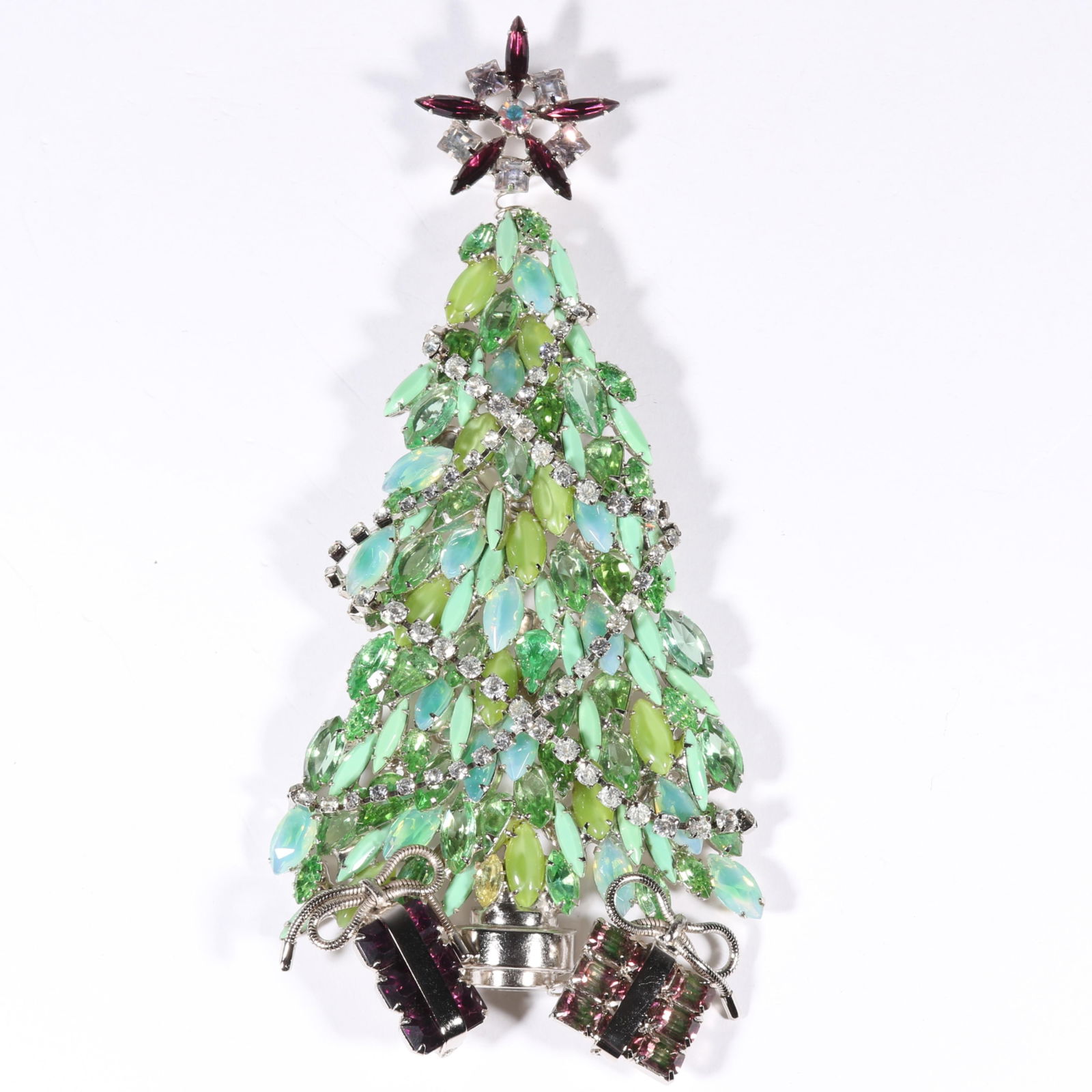 David Mandel The Show Must Go On! HUGE Christmas tree pin brooch with green rhinestone crystals. 7 (1 of 7)