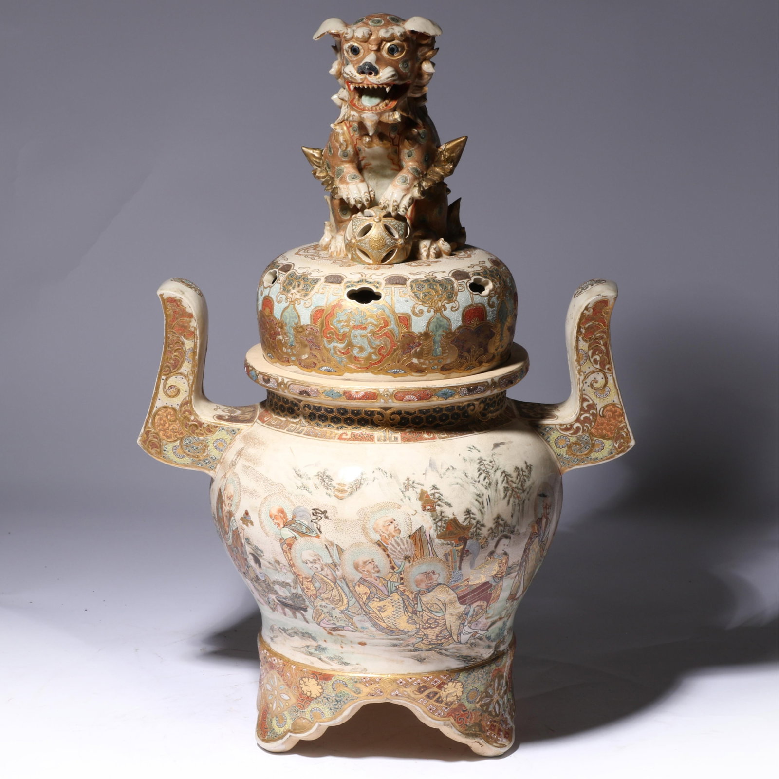 LARGE Japanese Maiji Satsuma porcelain covered vase / urn / censer with large figural Foo dog on (1 of 19)