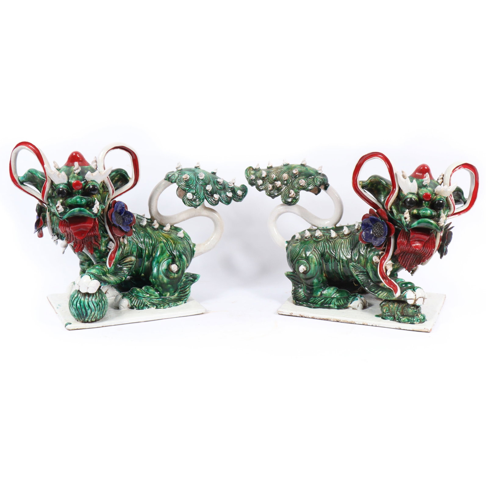 Pair of Chinese influence glazed ceramic majolica foo dog statues, Italy ca. mid 20th Century. 18"H (1 of 17)