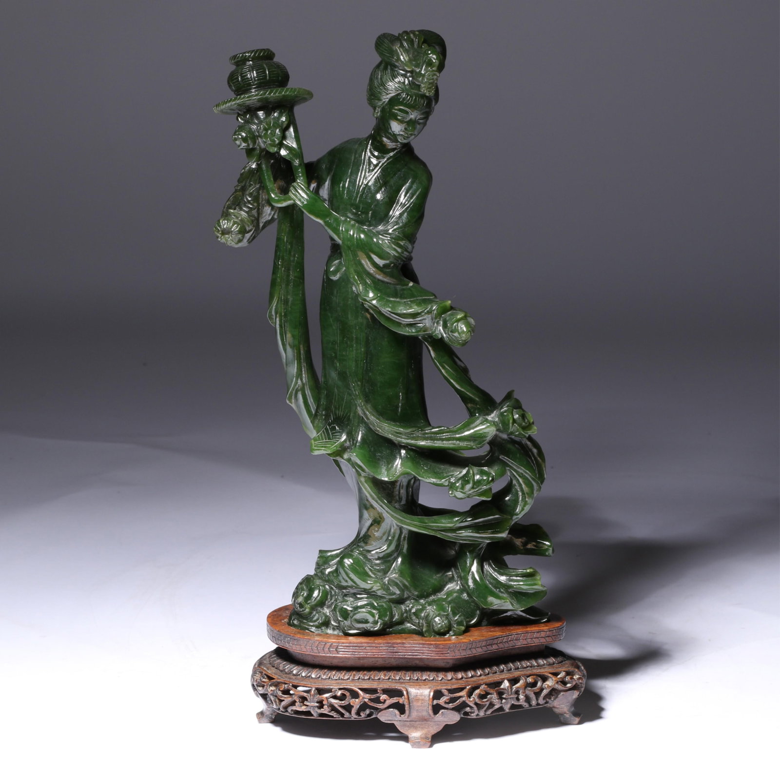 Chinese carved spinach green jade female Guanyin immortal deity figure on stand, 20th Century. 9 (1 of 7)