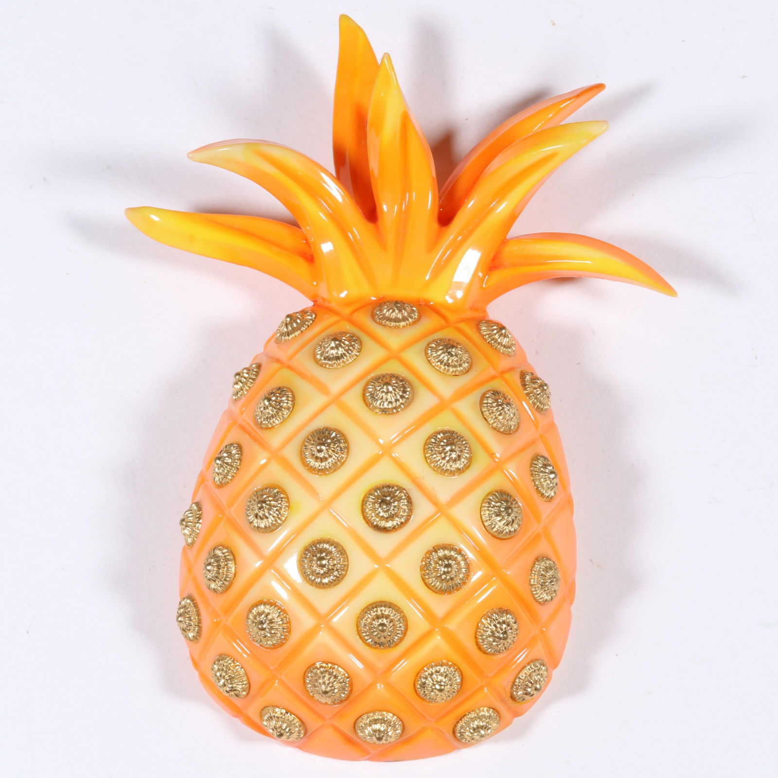 HUGE Isabel Canovas whimsical plastic or resin dimensional pineapple brooch. 4 1/8"H x 3 1/8"W: HUGE Isabel Canovas whimsical plastic or resin dimensional pineapple brooch. 4 1/8"H x 3 1/8"W