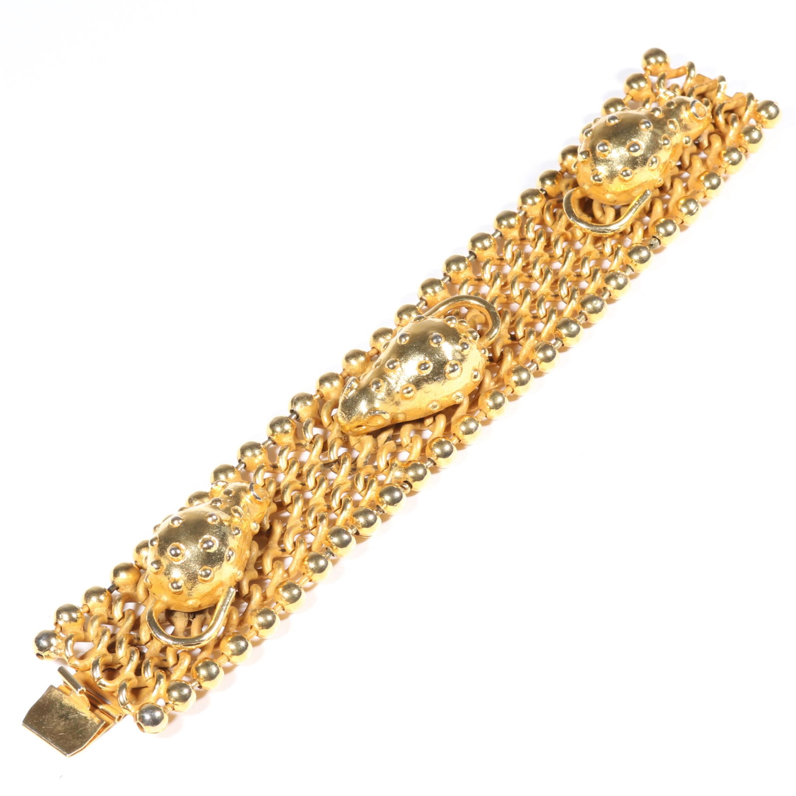 Isabel Canovas unsigned designer couture large chain-link bracelet with three dimensional mice: Isabel Canovas unsigned designer couture large chain-link bracelet with three dimensional mice charms. Light wear to gold tone. 8"L x 1 1/2"W