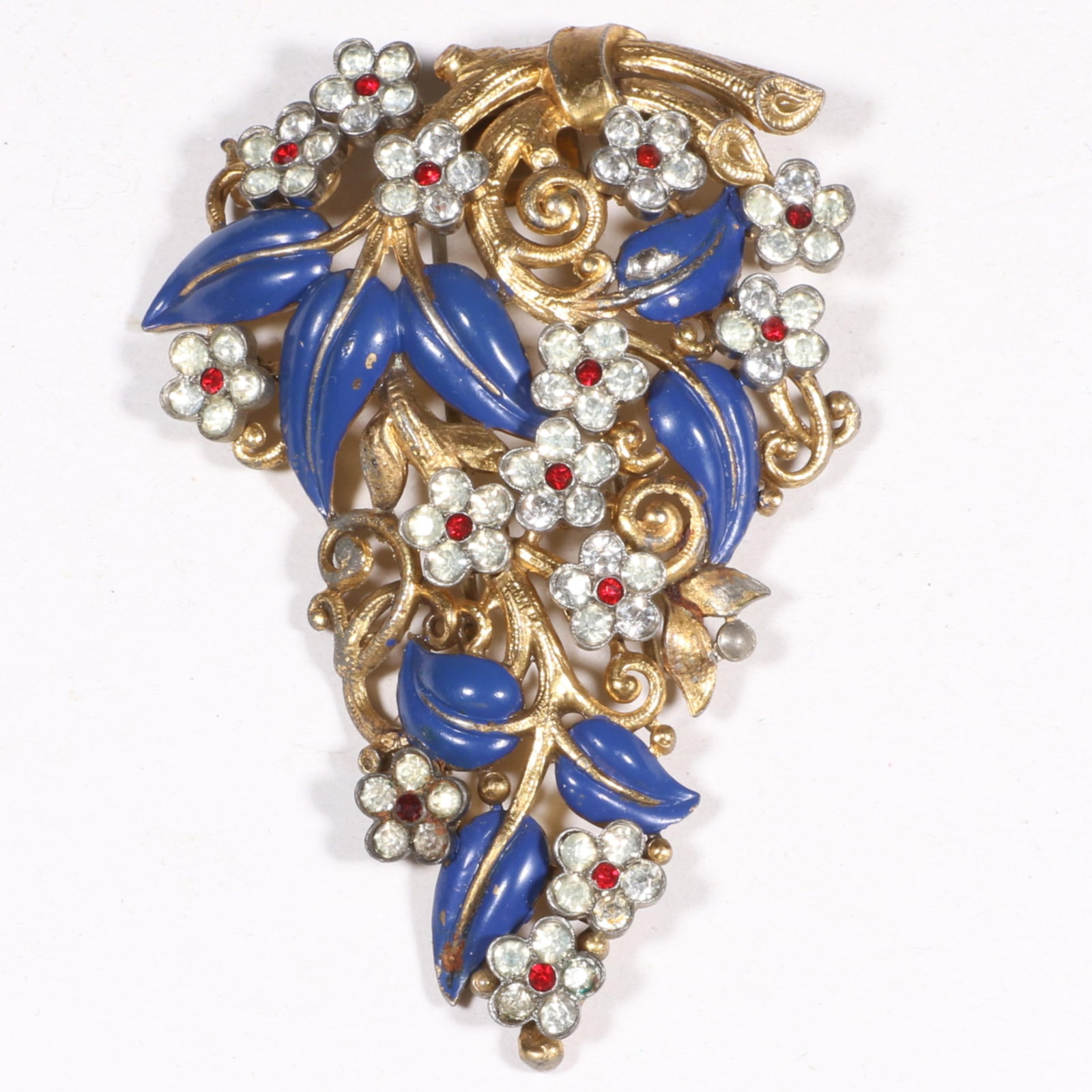 Vintage vermeil Alfred Philippe Crown Trifari floral enamel rhinestone fur clip. 3 1/8"H x 2"W: Vintage vermeil Alfred Philippe Crown Trifari floral enamel rhinestone fur clip. 3 1/8"H x 2"W Some loss of enamel and vermeil.