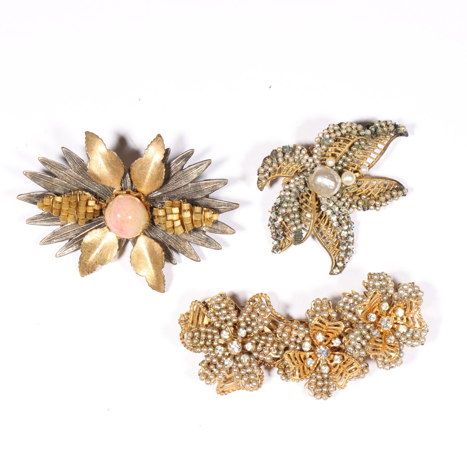 Vintage Miriam Haskell 3pc seed bead and art glass pin brooch group. 1 1/4"H x 3 1/2"W (one) (1 of 11)