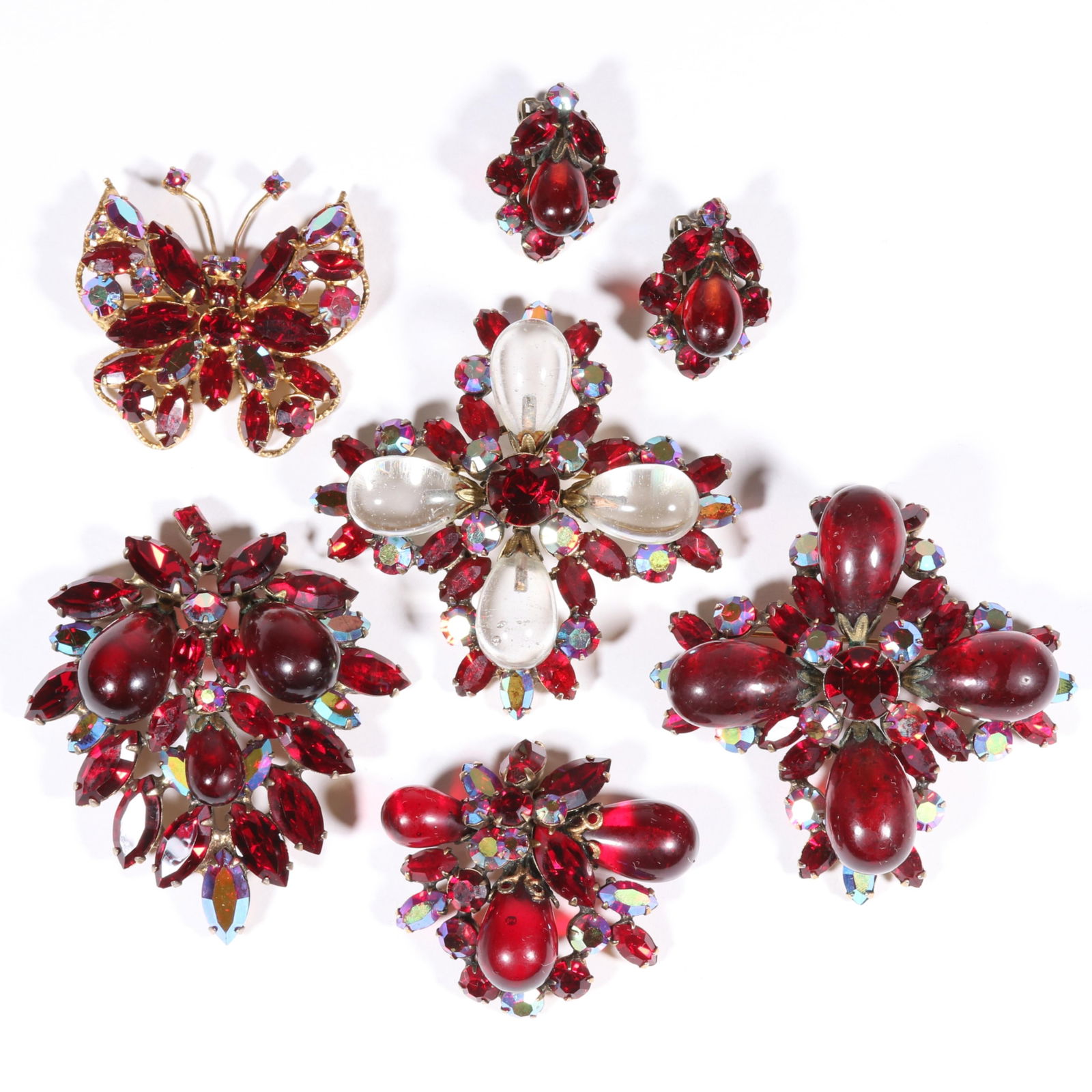 Vintage Regency signed and unsigned red crystal and art glass jewelry group. 2 1/2"H x 2 5/8"W (1 of 9)