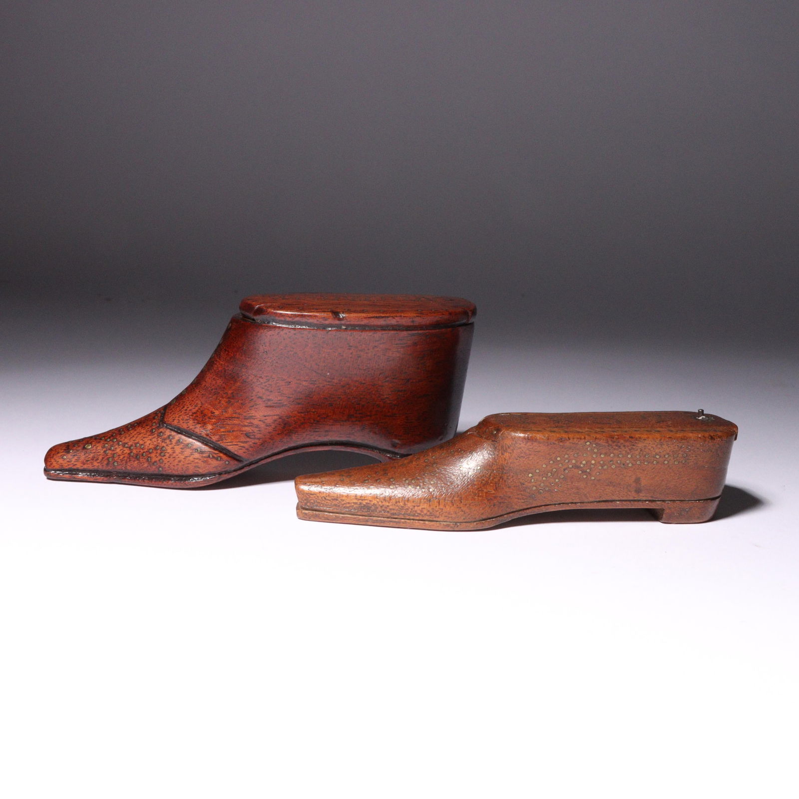 Two antique carved wood shoe snuff boxes with brass brad trim, marked "London" and "1837" 2"H x 4 (1 of 4)