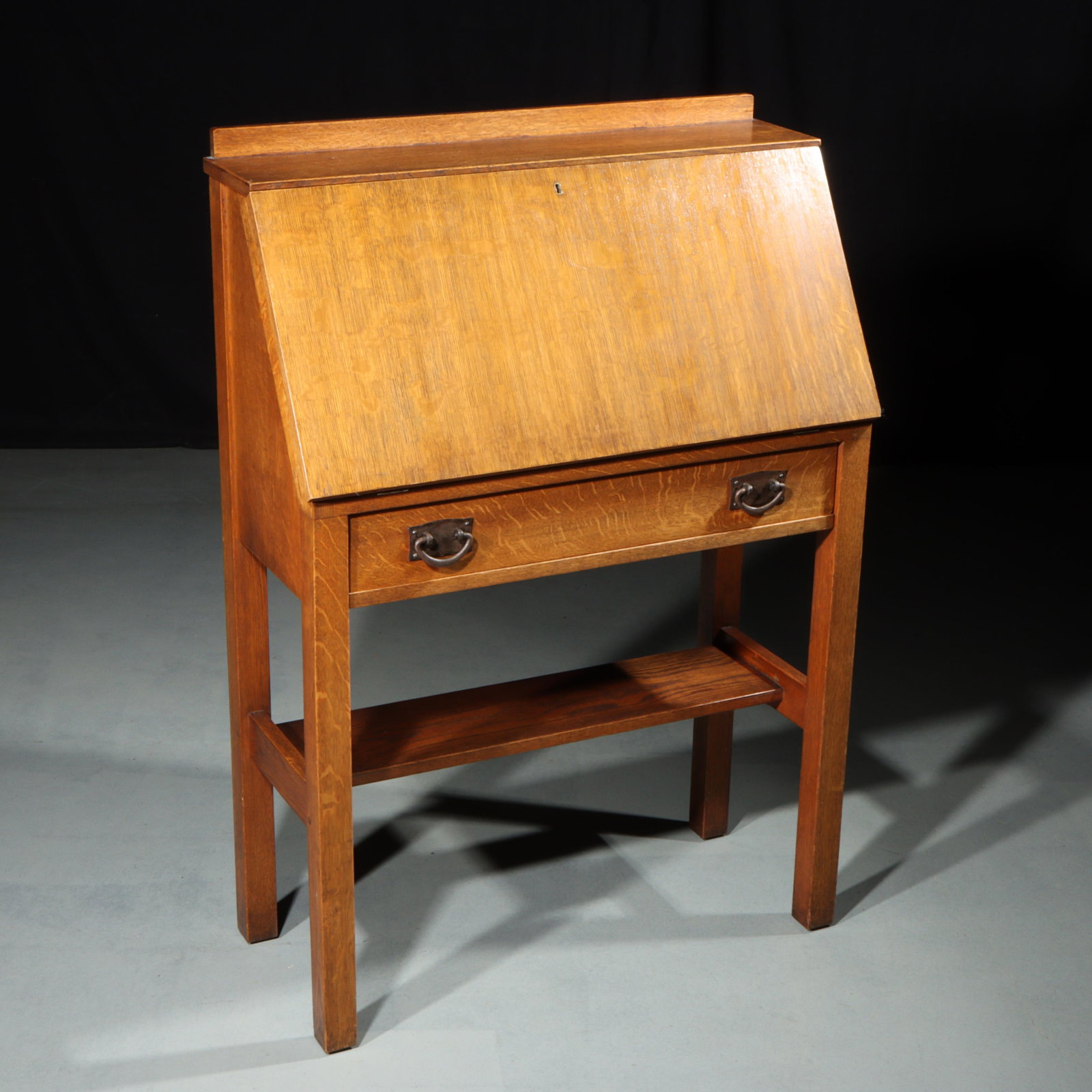 Gustav Stickley Arts & Crafts Mission oak drop-front desk with iron pulls, model 728, ca. 1913 43 (1 of 10)