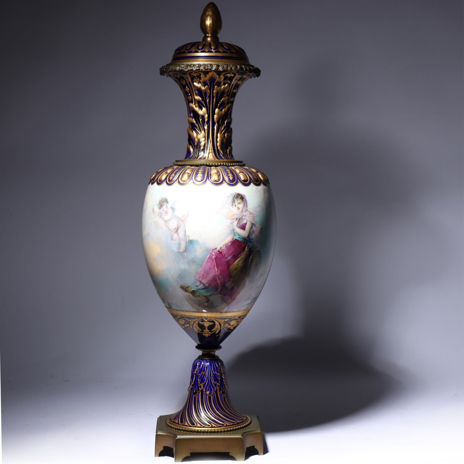 Sevres French porcelain urn with bronze ormolu mounts and hand painted allegorical cherub scenic (1 of 15)