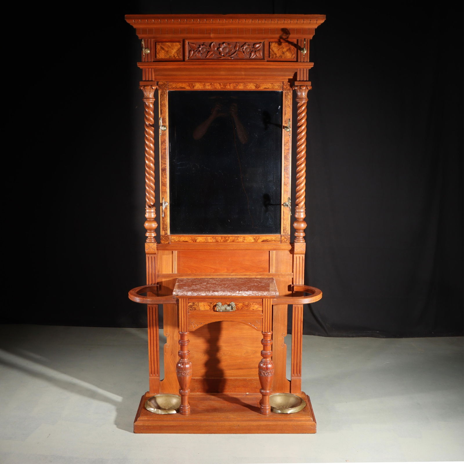 American 19th century walnut hall tree with burl veneer and brass figural peacock hat hooks and two (1 of 18)