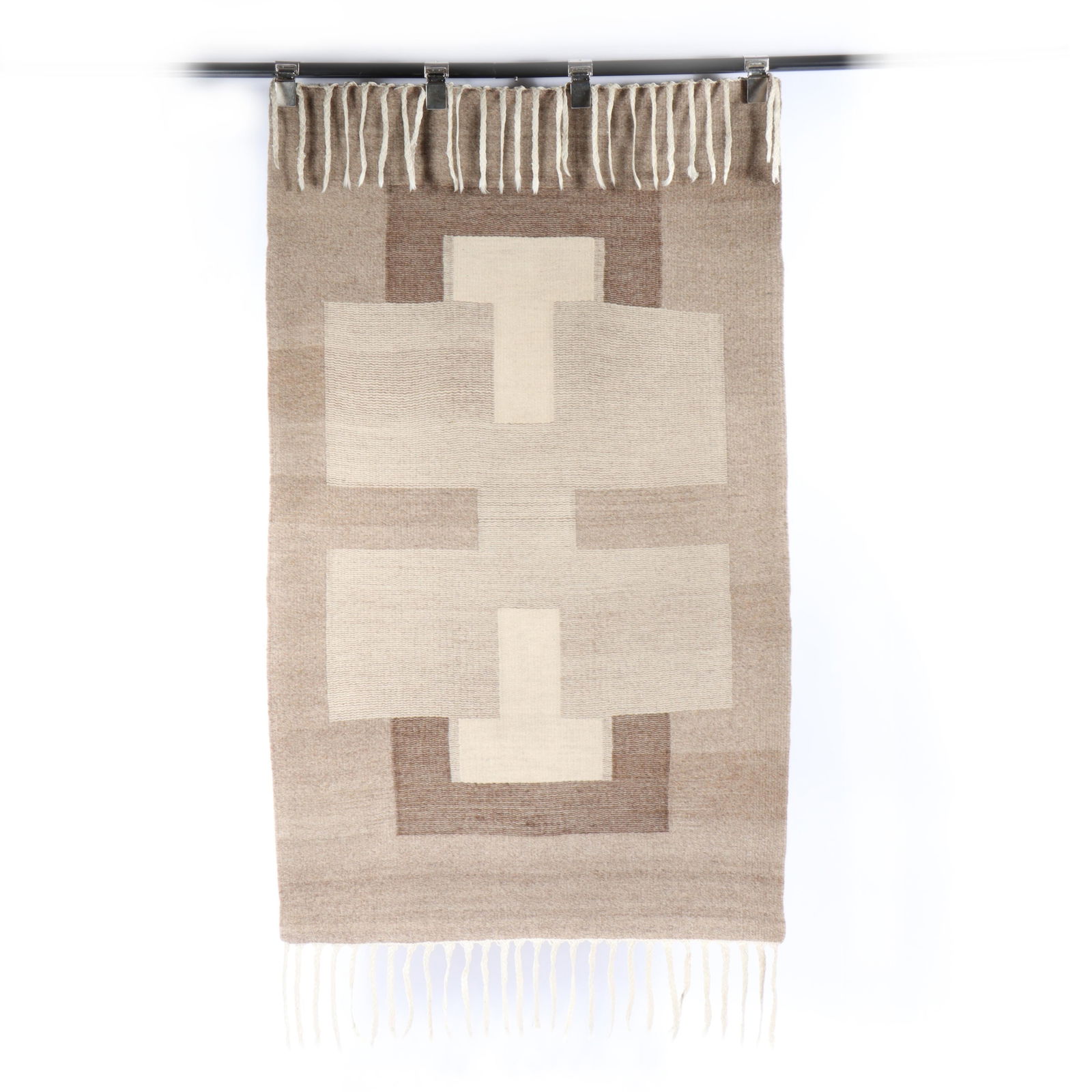 Kathy Constantinides (American, 20th century), Eye of the Sphinx, 1975, linen warp hand-spun rug,: Kathy Constantinides (American, 20th century), Eye of the Sphinx, 1975, linen warp hand-spun rug, single ply natural Greek wool in white, gray and charcoal. The rug is weftface (weft yarn covers the w