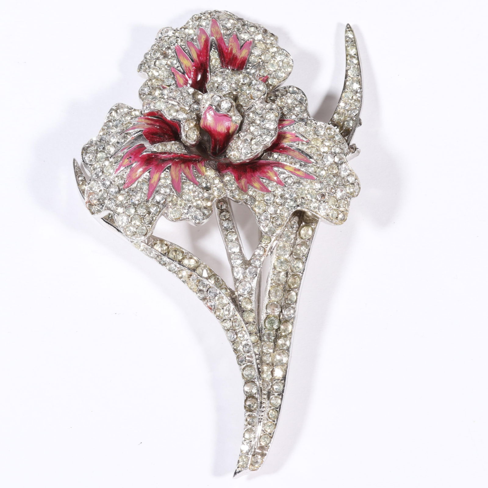 HUGE Coro pave and enamel pansy orchid iris flower dimensional pin brooch. 4 1/8" H x 2 1/4" W: HUGE Coro pave and enamel pansy orchid iris flower dimensional pin brooch. One missing rhinestone. From the Carole Tanenbaum Collection 4 1/8" H x 2 1/4" W
