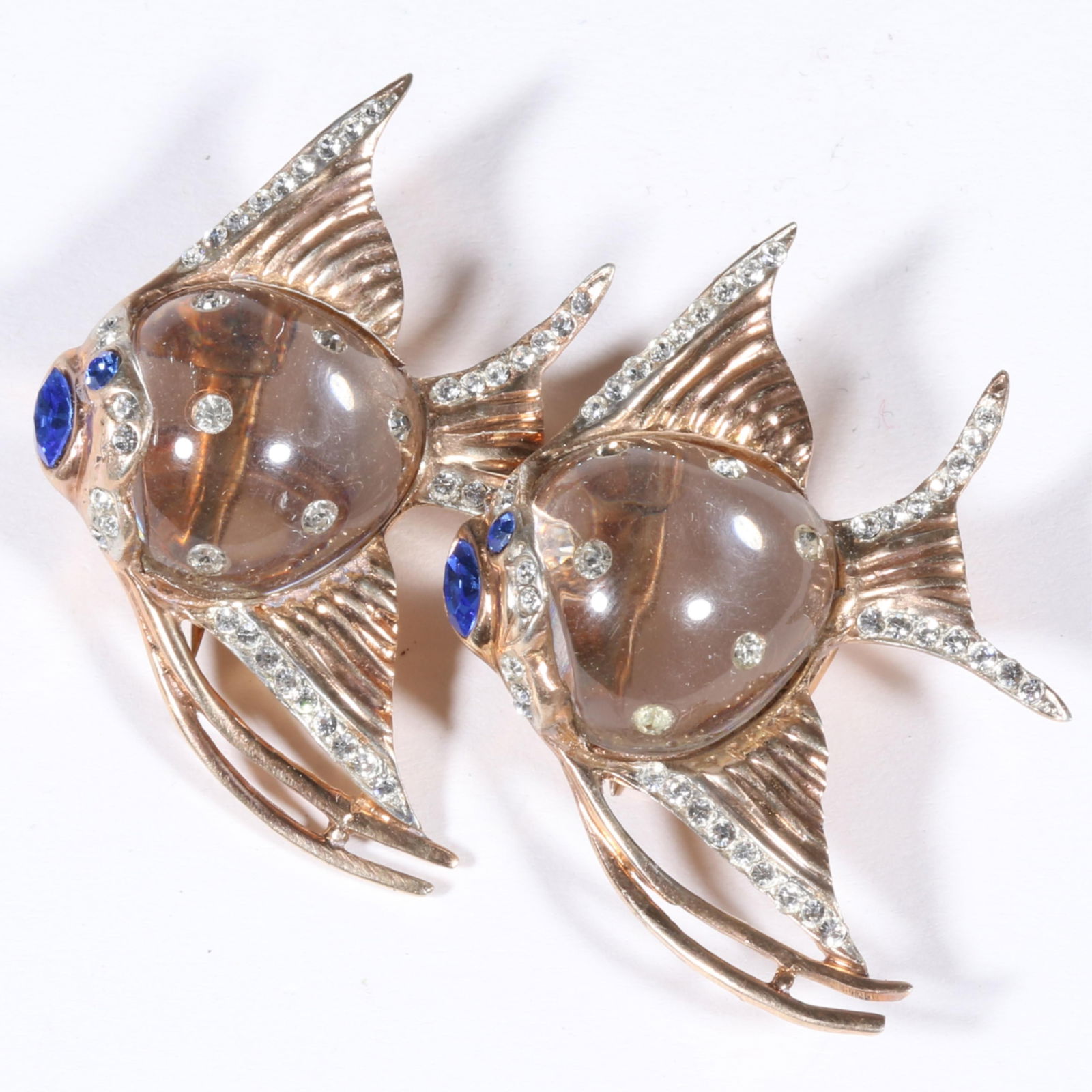 Coro sterling vermeil angel fish jelly belly duette fur clip pin brooch book piece with marquise: Coro sterling vermeil angel fish jelly belly duette fur clip pin brooch book piece with marquise aqua jewel mouths and studded rhinestones. From the private collection of Leigh Leshner, author of 9 Co