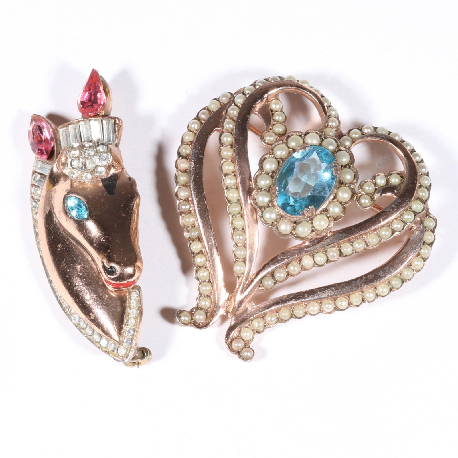 Corocraft / Coro Craft sterling silver vermeil equestrian horse brooch with Nettie Rosenstein: Corocraft / Coro Craft sterling silver vermeil equestrian horse brooch with Nettie Rosenstein sterling vermeil seed pearl layered heart brooch with aqua rhinestone crystal center. Minor wear to both,
