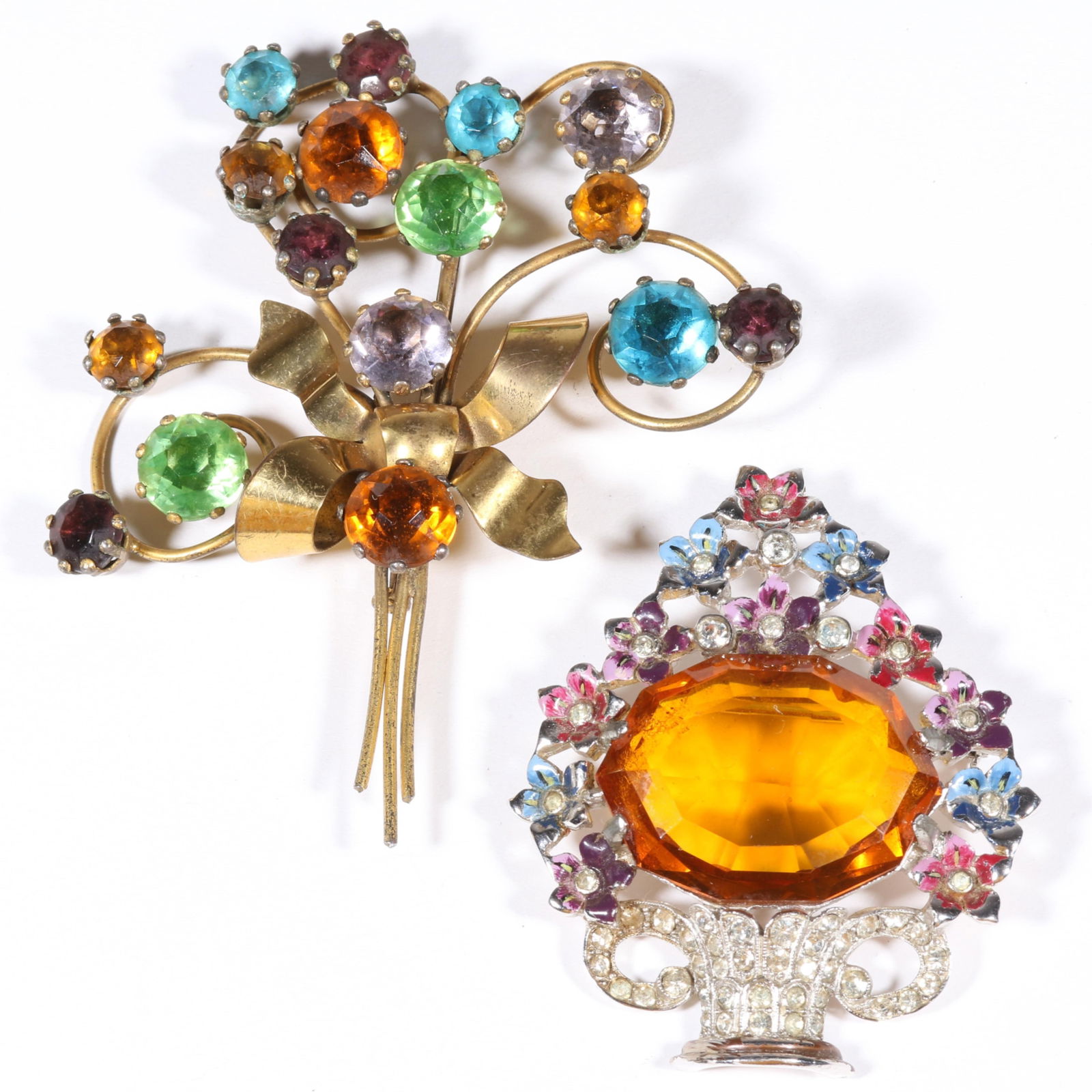 Vogue sterling vermeil multi colored retro jewel brooch with unsigned Coro enameled bouquet brooch: Vogue sterling vermeil multi colored retro jewel brooch with unsigned Coro enameled bouquet brooch with large citrine colored center jewel Provenance: From the collection of Cheryl Killmer. 3 5/8"H x