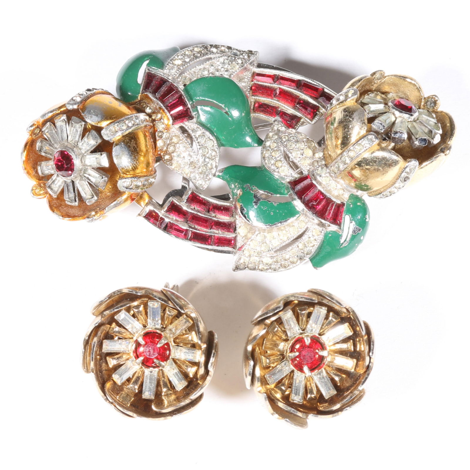 Coro Duette quivering camellias floral trembler dress clips / pin brooch with red baguettes, pave: Coro Duette quivering camellias floral trembler dress clips / pin brooch with red baguettes, pave and matching Coro trembler earrings. Some loss of gold tone and enamel. From the private collection of
