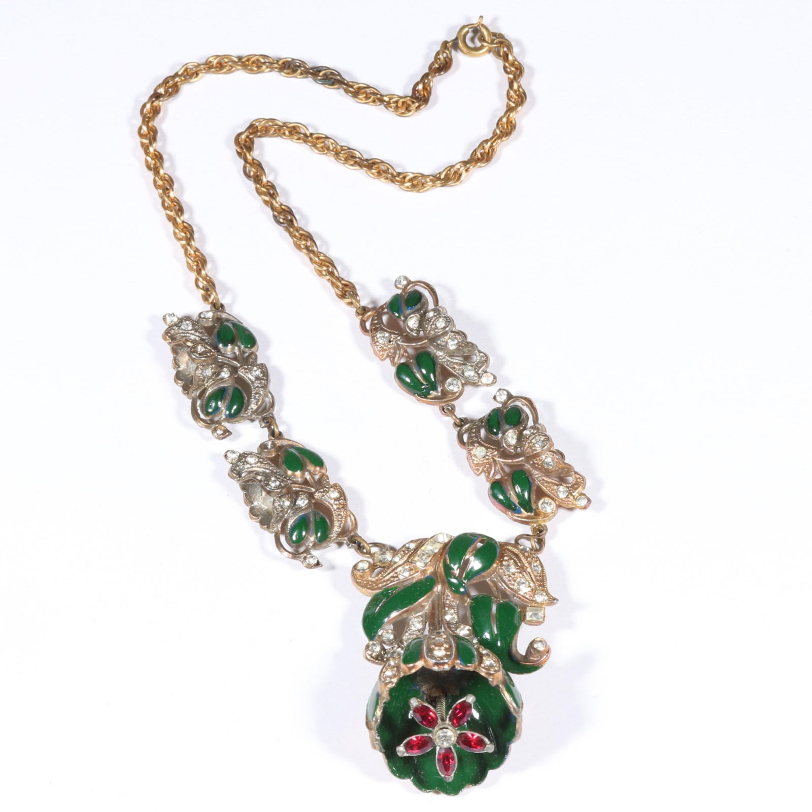 Vintage 1930's trembler flower necklace in the style of Coro with enamel and rhinestone accents,: Vintage 1930's trembler flower necklace in the style of Coro with enamel and rhinestone accents, possible replaced chain, clasp signed Czechoslovakia. Few missing rhinestones and some wear to the enam