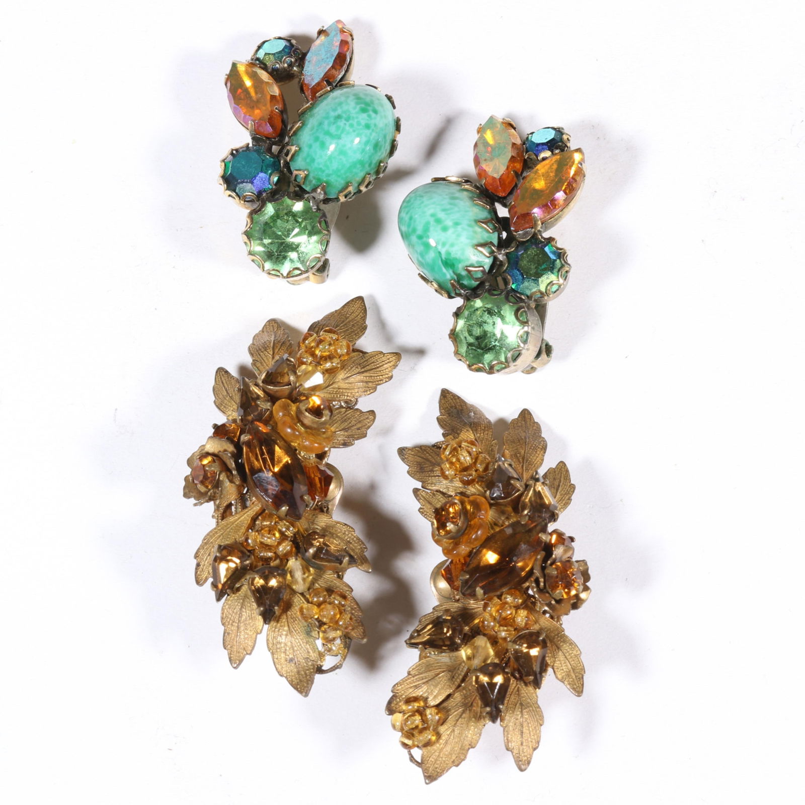 Vintage Schiaparelli Peking glass and rhinestone crystal earrings with De Mario leaf motif earrings. (1 of 8)