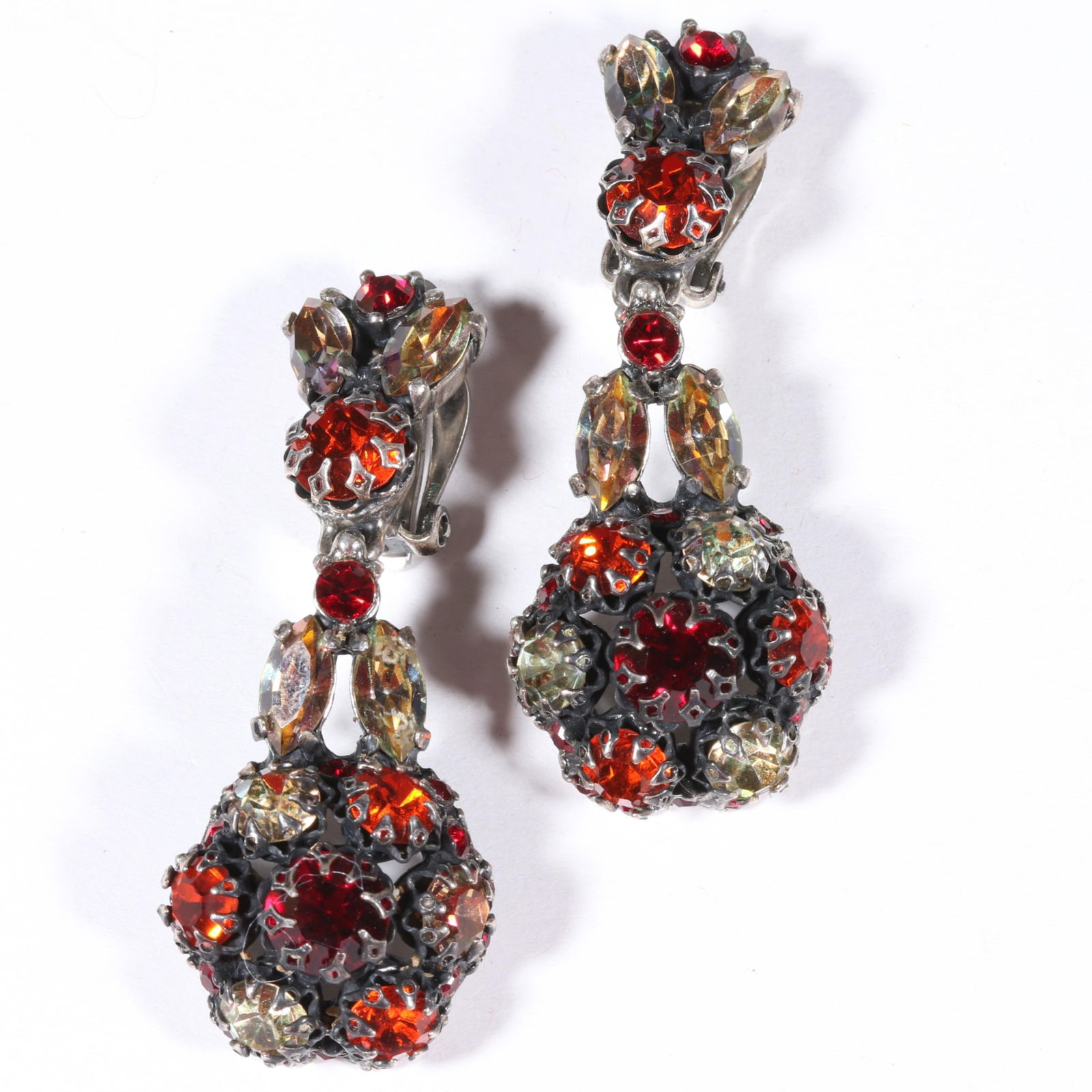 Schiaparelli rhinestone crystal dangle earrings with dogtooth settings. 2 1/8"H x 7/8"W (1 of 7)
