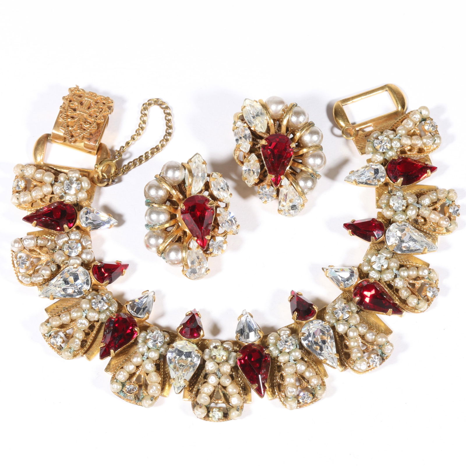 Original by Robert faux pearl and rhinestone crystal earrings with unsigned complementary bracelet. (1 of 7)