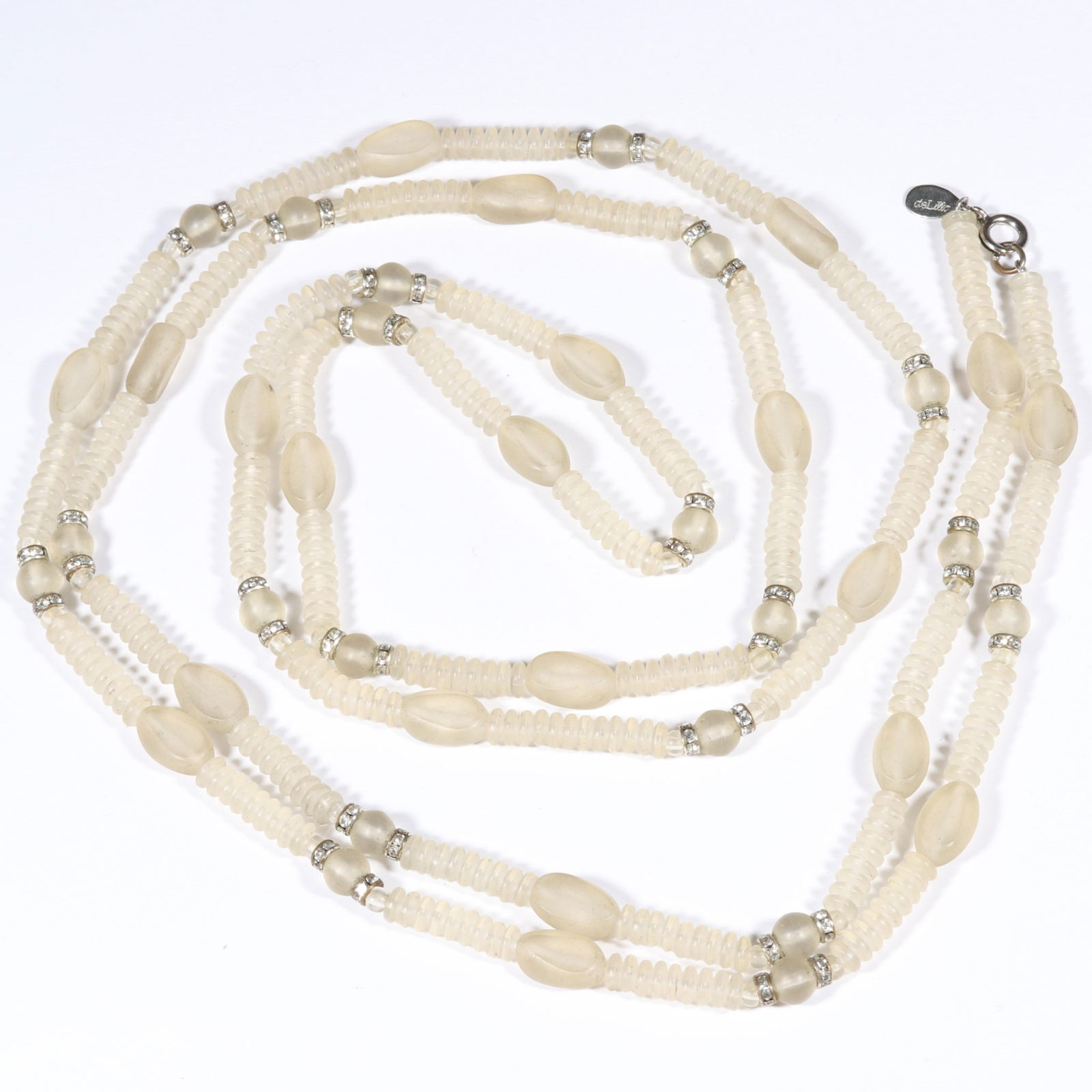 William De Lillo very long frosted glass beaded necklace with diamante rhinestone crystal rondel (1 of 6)