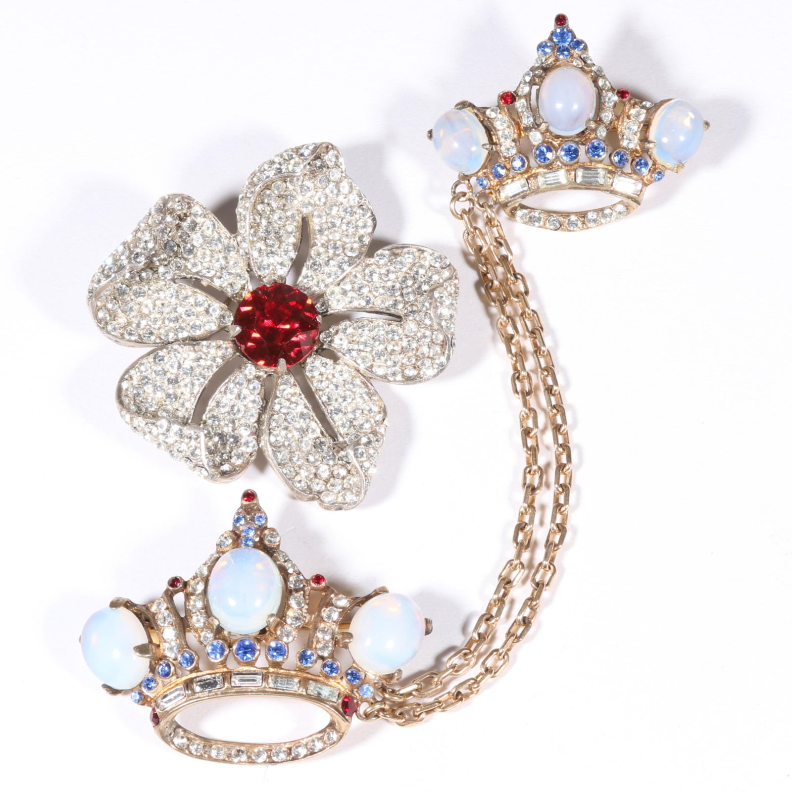 Corocraft / Coro Craft 2pc group: Book piece sterling silver flower brooch encrusted with rhinestone: Corocraft / Coro Craft 2pc group: Book piece sterling silver flower brooch encrusted with rhinestone crystals and ruby red faceted glass center with faux moonstone cabochon double crown chatelaine. Fr