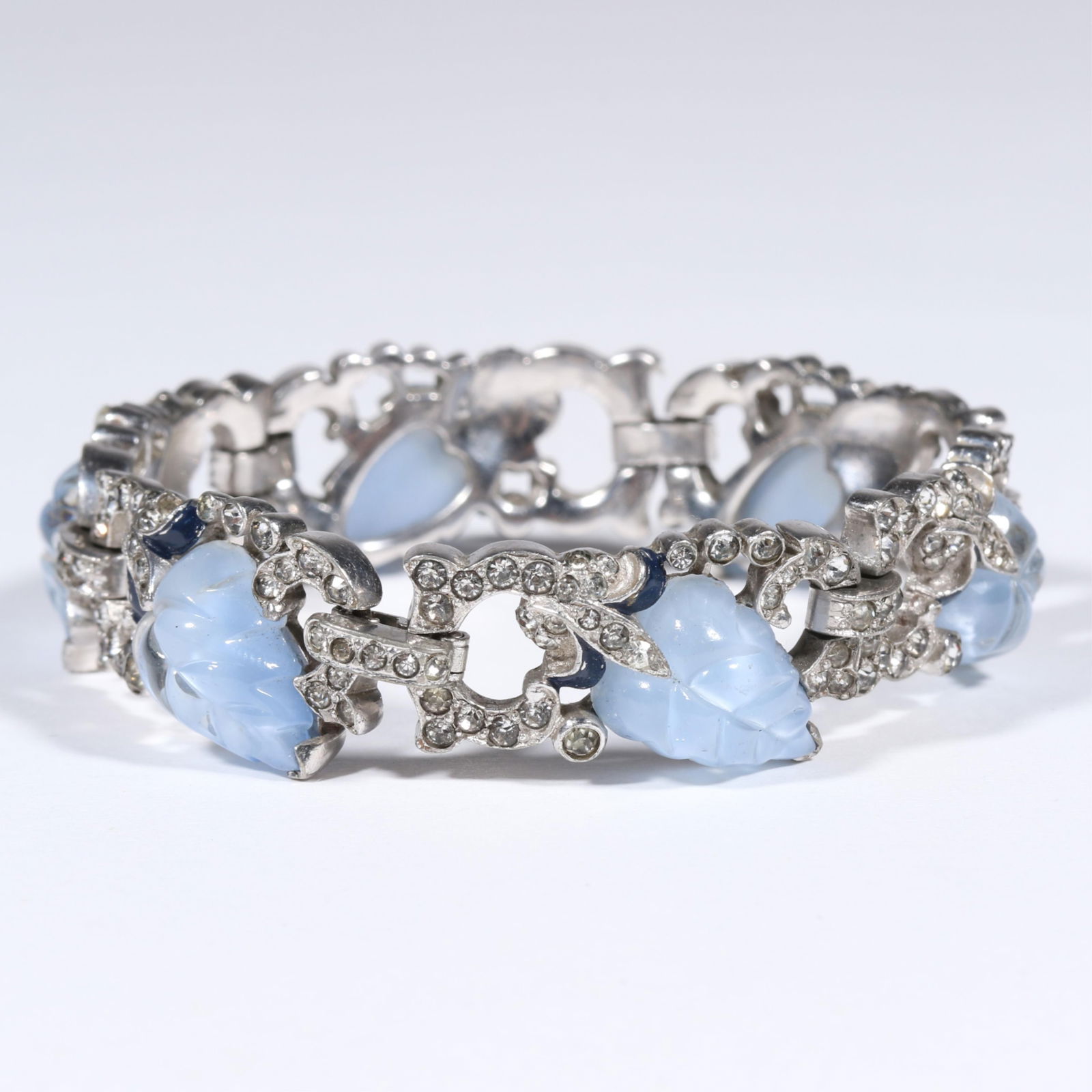 Vintage Mazer fruit salad blue moonstone molded glass leaf bracelet with rhinestone crystals and (1 of 5)