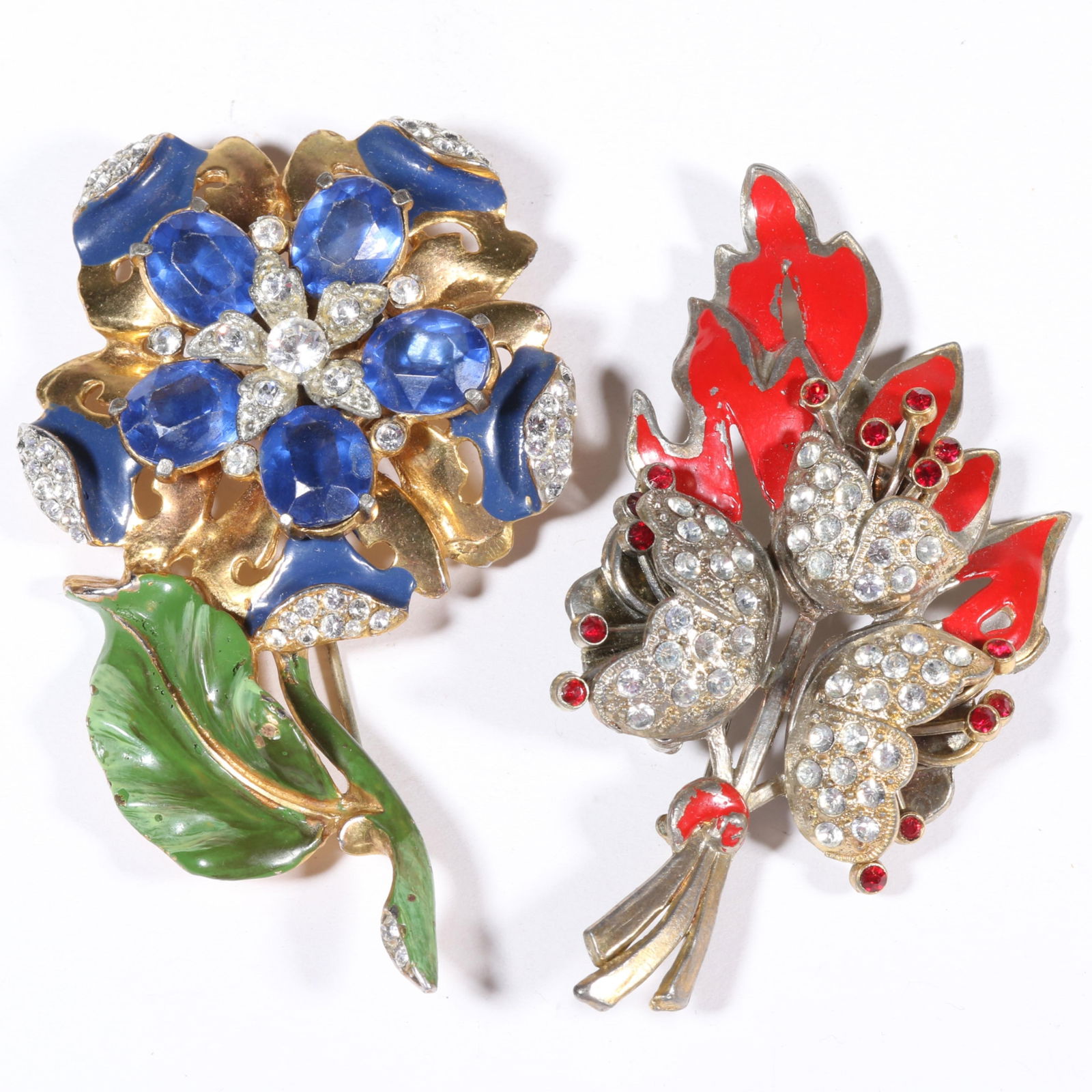 Pair of vintage Retro dimensional enamel and rhinestone crystal floral pin brooches 3 3/8"H x 2"W (1 of 8)