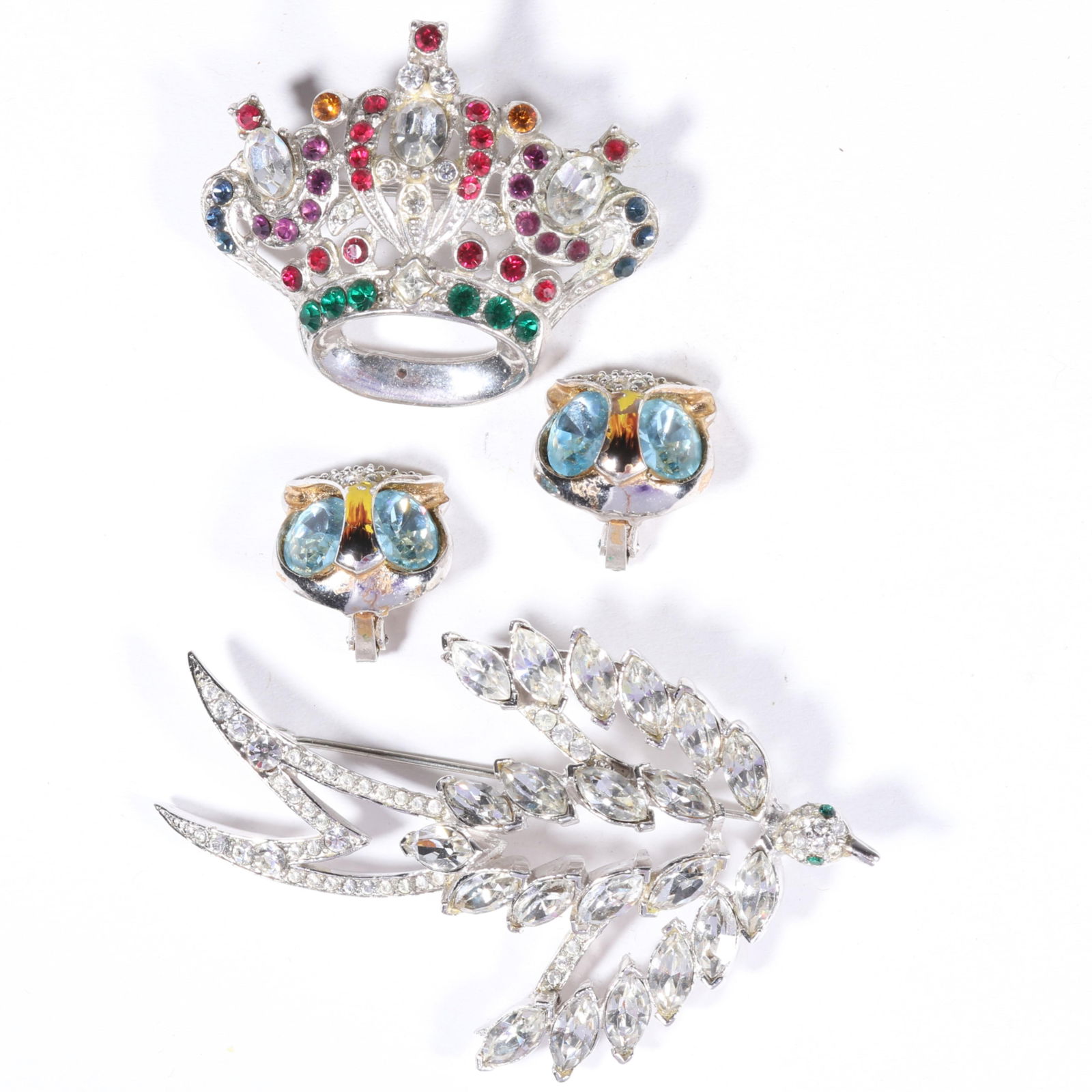 Coro / Corocraft / Coro Craft 3pc. group of crown brooch, bird brooch, and enamel owl earrings with: Coro / Corocraft / Coro Craft 3pc. group of crown brooch, bird brooch, and enamel owl earrings with blue rhinestone eyes From the private collection of Leigh Leshner, author of 9 Costume Jewelry resea