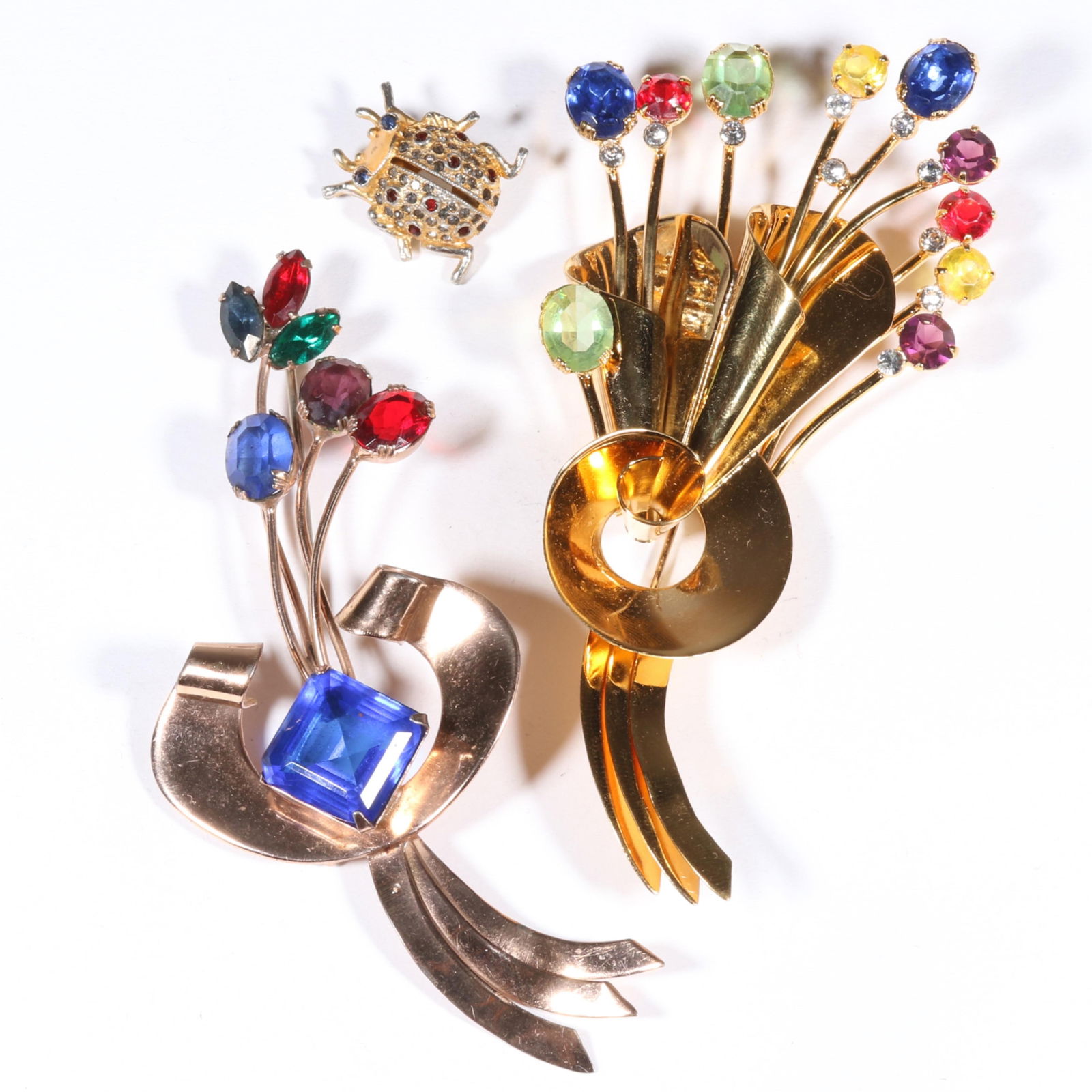 Corocraft / Coro Craft pair of large sterling vermeil flower spray brooches including "Stars in the: Corocraft / Coro Craft pair of large sterling vermeil flower spray brooches including "Stars in the Sky" by Adolf Katz with Coro rhinestone bug brooch. From the private collection of Leigh Leshner, au