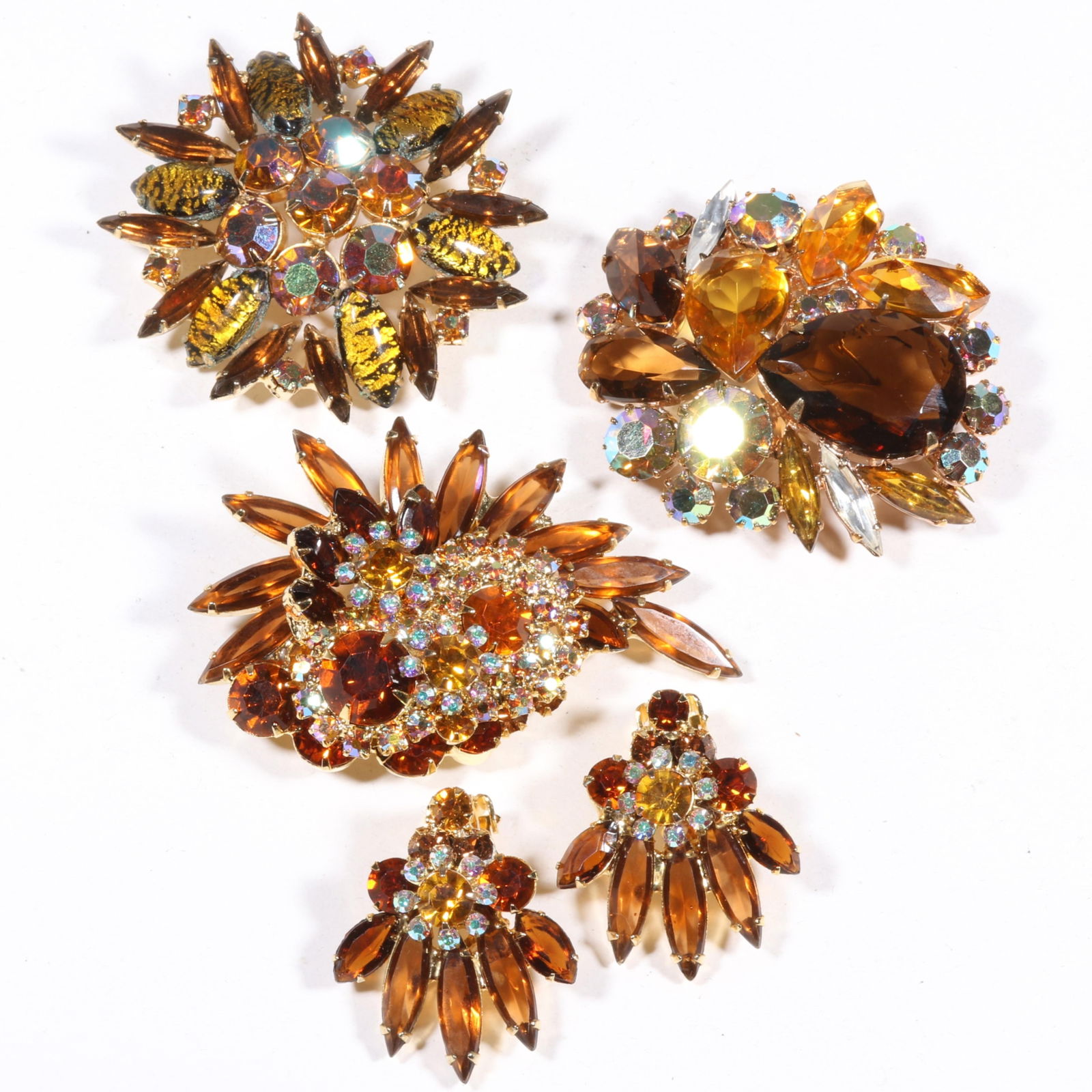 DeLizza & Elster Juliana 4pc. shades of amber art glass and rhinestone crystal group 2 1/8"Diameter (1 of 6)