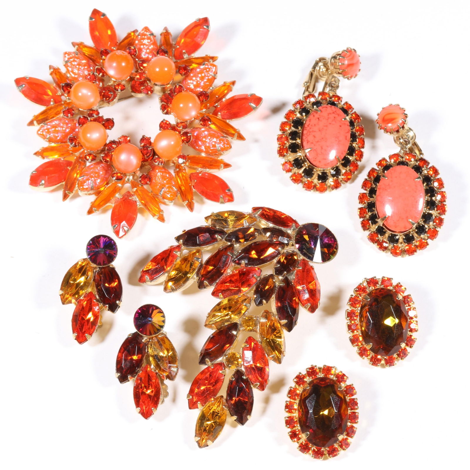 D & E Juliana orange and amber brooch and earrings jewelry group 2 3/4"H x 2 3/4"W (starburst (1 of 8)