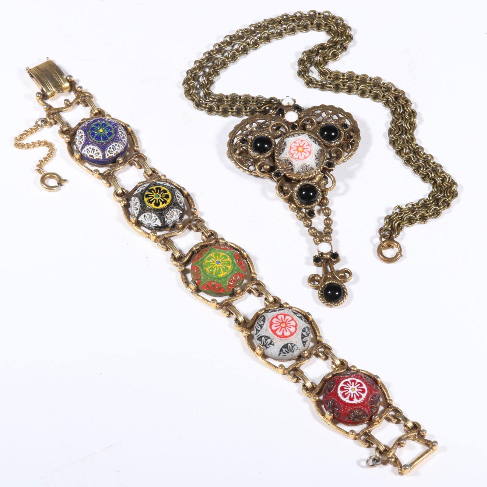 DeLizza & Elster Juliana for Celebrity Moroccan tile glass cabochon necklace and bracelet. 7 7/8"L x: DeLizza & Elster Juliana for Celebrity Moroccan tile glass cabochon necklace and bracelet. Bracelet marked celebrity. Provenance: From the collection of Cheryl Killmer. 7 7/8"L x 7/8"W (bracelet)