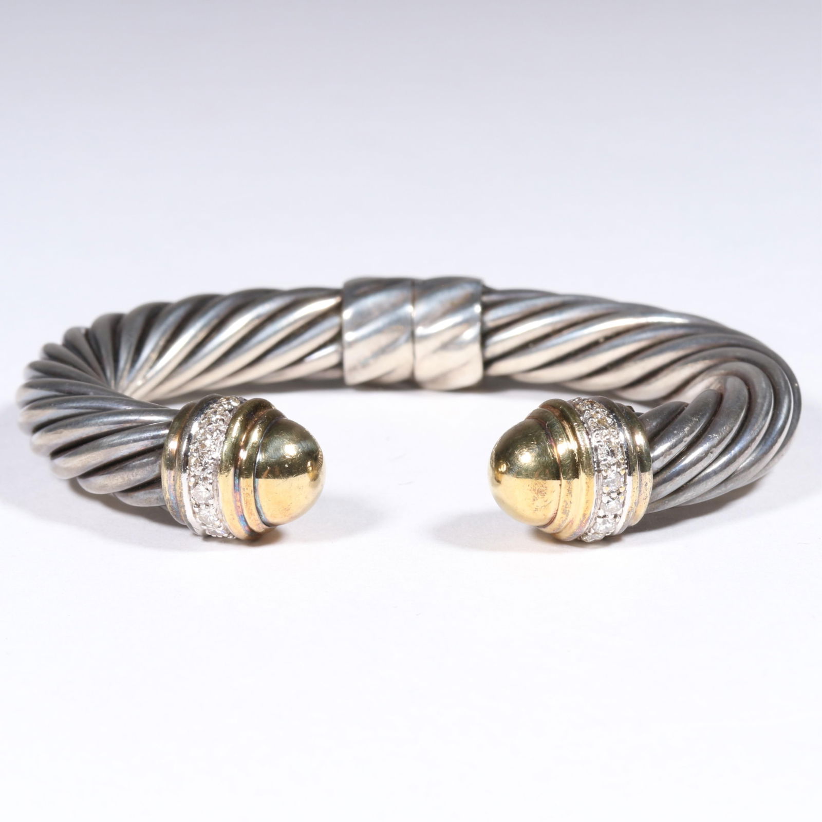 David Yurman 18K yellow gold and sterling silver hinged cuff cable bracelet with diamond accents. (1 of 7)