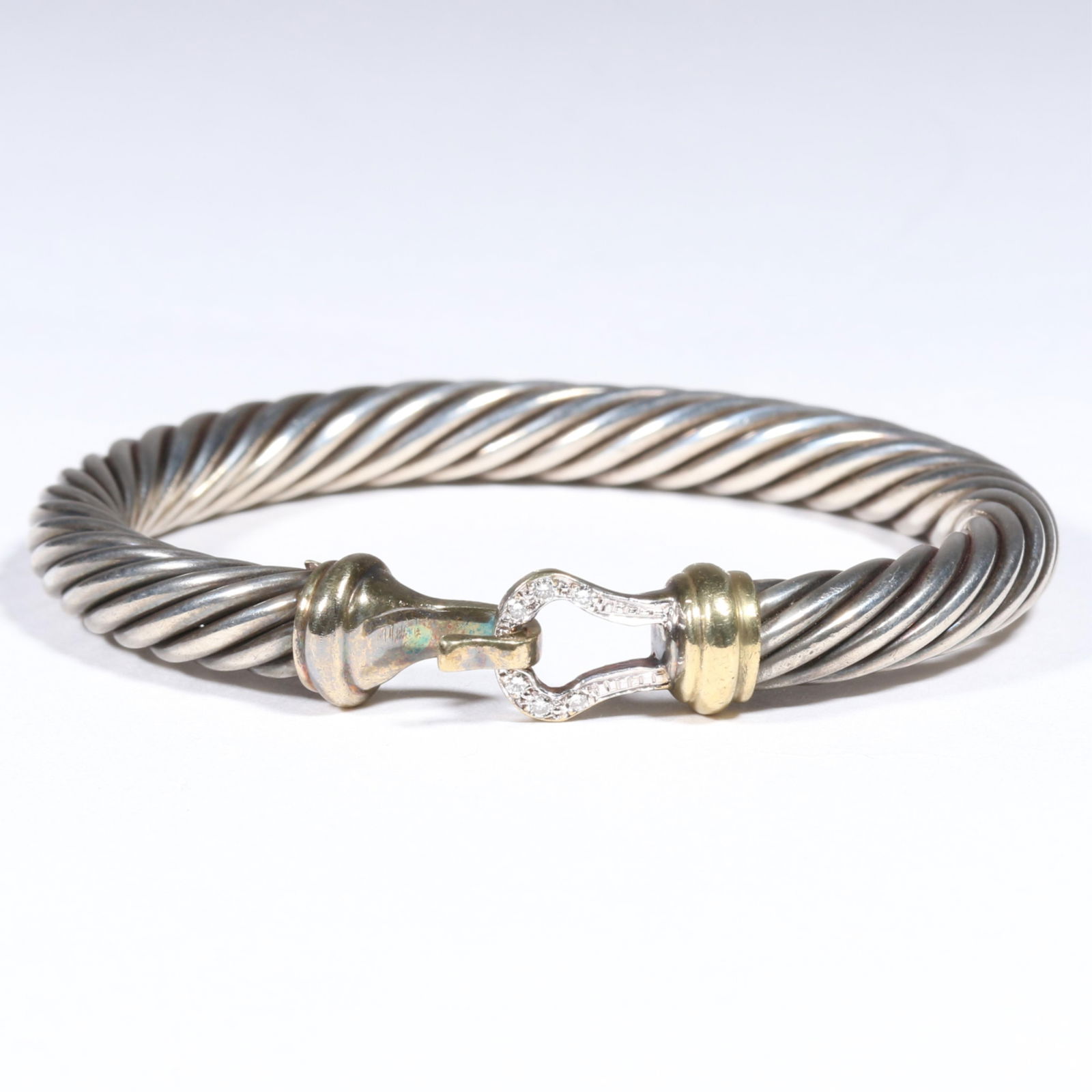 David Yurman 18K yellow gold and sterling silver twisted wire cable buckle bracelet with diamond (1 of 8)