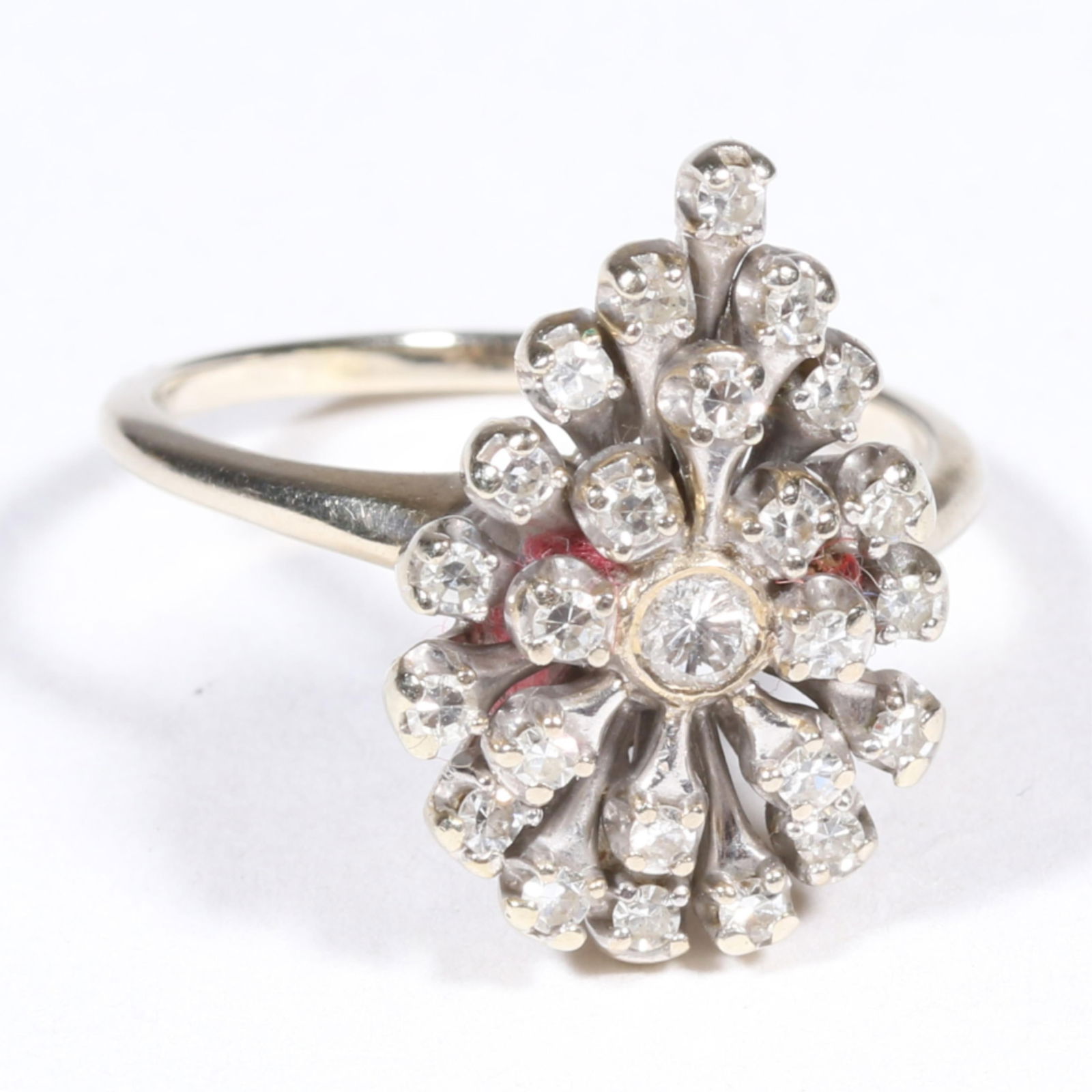 14K white gold pear shaped diamond cluster ring with one full cut and 24 single cut diamonds (1 of 7)