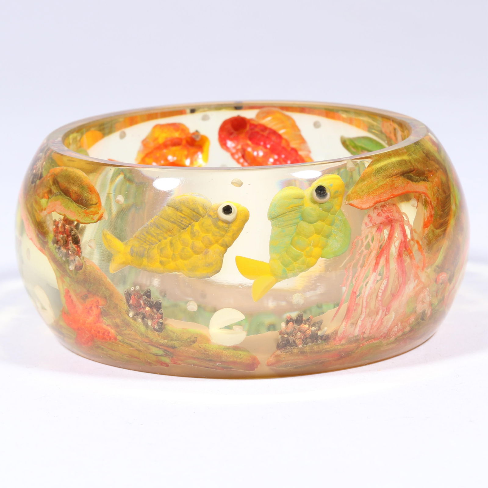G. Paul Artisan deep reverse carved and painted Lucite under sea bangle bracelet with fish, squid, (1 of 8)