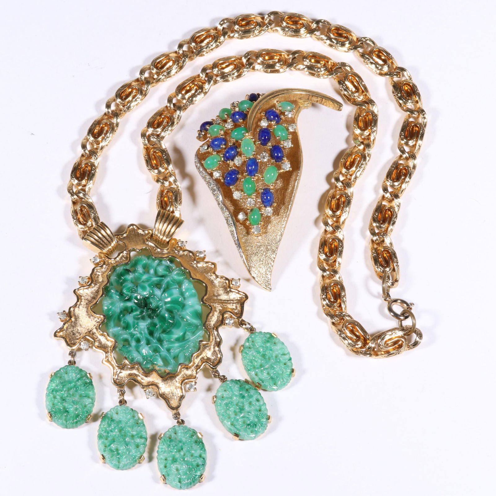 Vintage Asian style Jomaz molded floral peking glass pendant drop necklace with dimensional Jomaz (1 of 9)