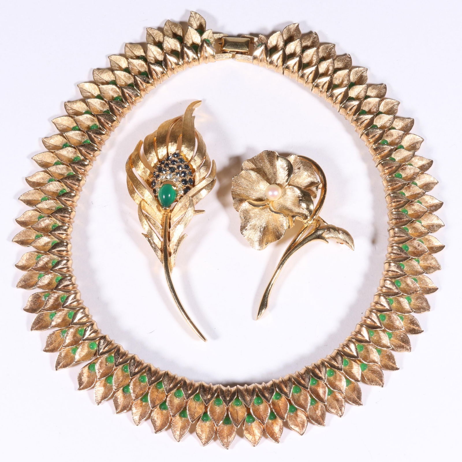 Marcel Boucher MB 3pc. jewelry group with collar necklace, peacock feather brooch, and flower (1 of 9)