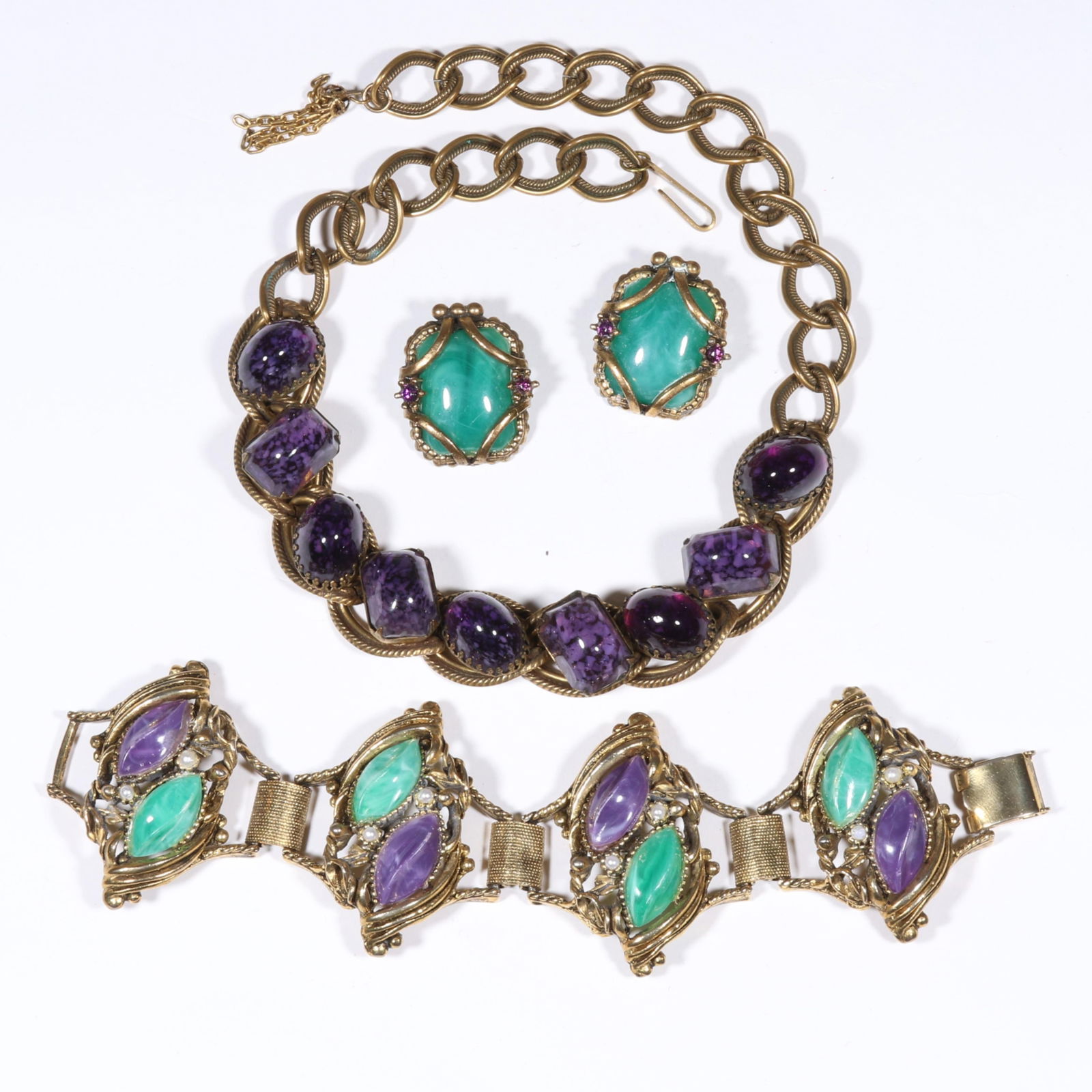 Unsigned Selro Selini purple art glass cabochon necklace and earrings with resin panel bracelet. 7 (1 of 6)