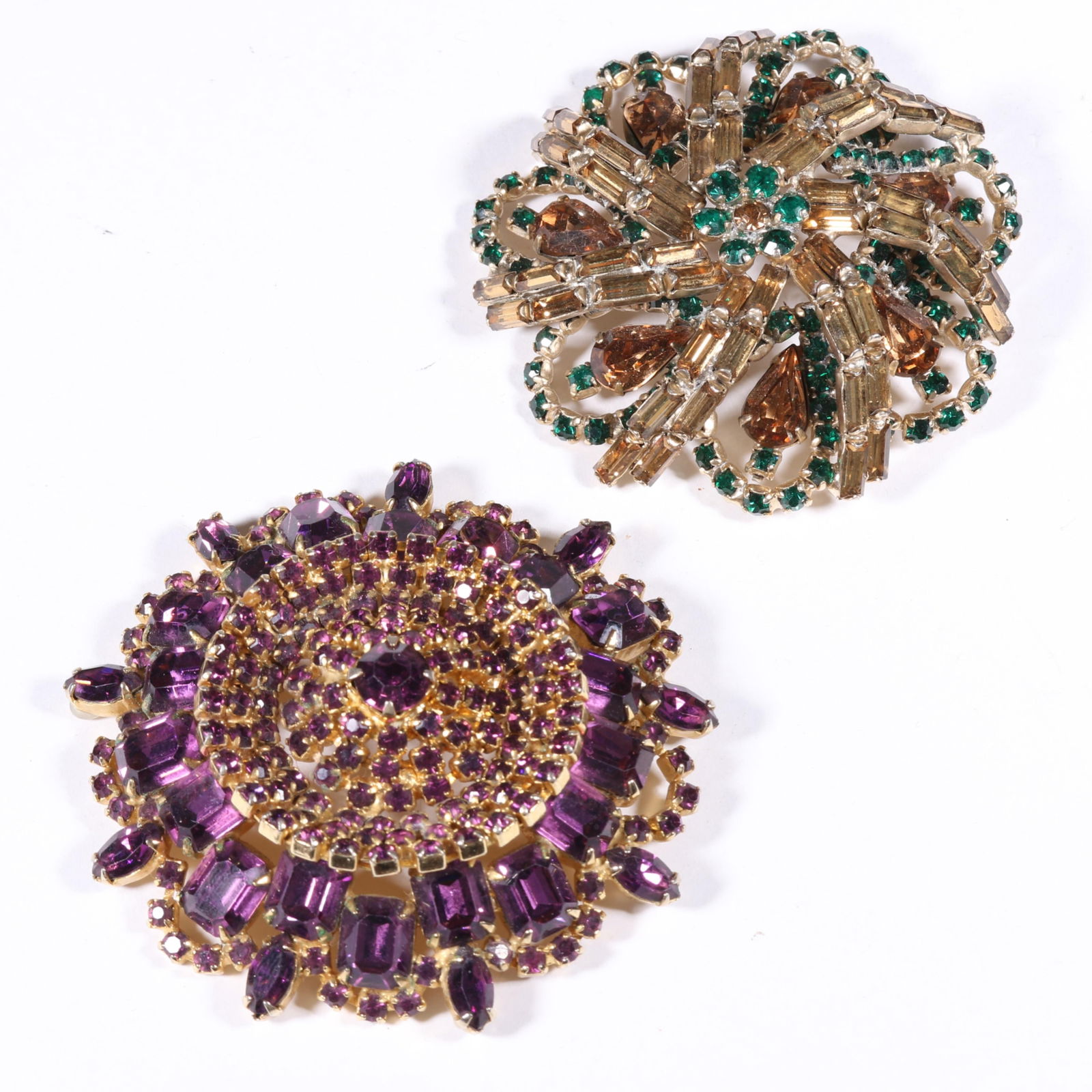 Pair of large unsigned Austrian? vintage dimensional rhinestone brooches. 2 7/8"Diameter (purple (1 of 8)